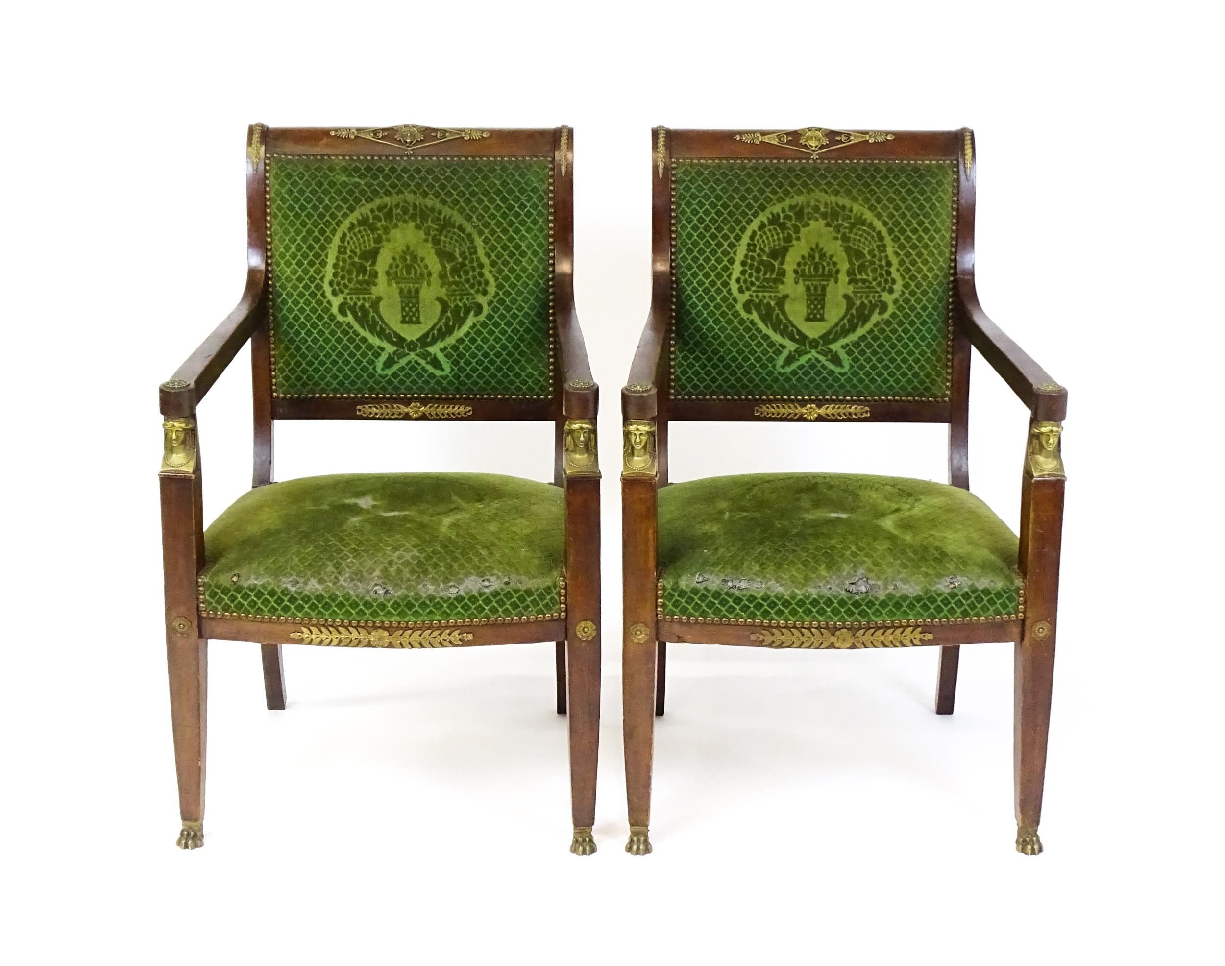 A pair of 19thC Empire armchair with brass neo classical style mounts including lozenges, masks - Image 7 of 10