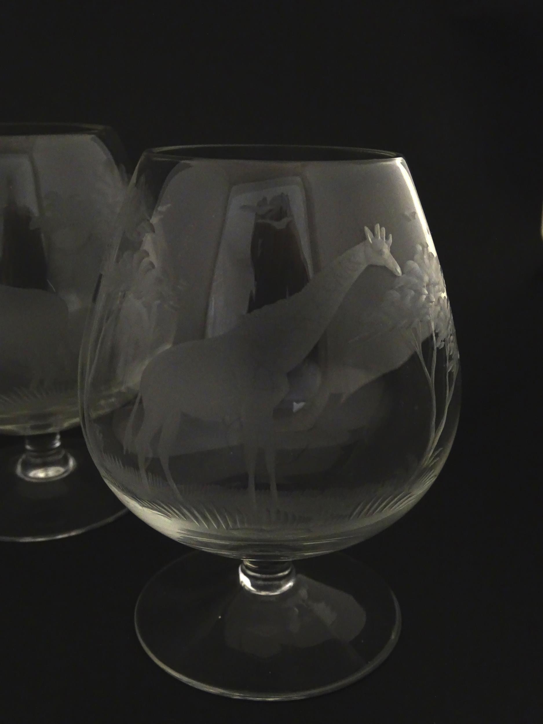 Six Rowland Ward brandy glasses with engraved Safari animal detail. Unsigned Approx. 4 3/4" high (6) - Image 4 of 14