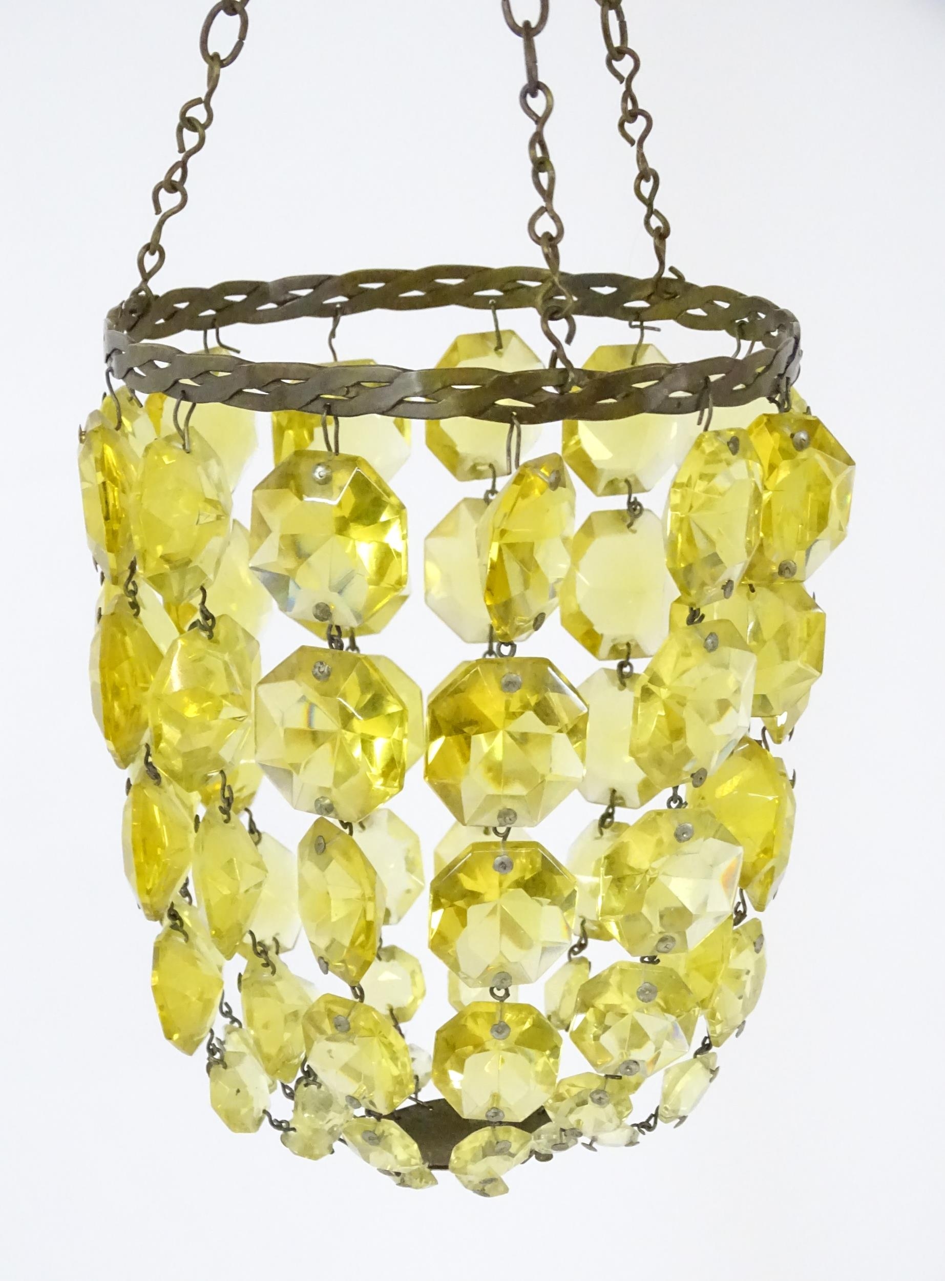 Three assorted pendant bag light shades with lustre drops. Together with a yellow amber glass - Image 11 of 16