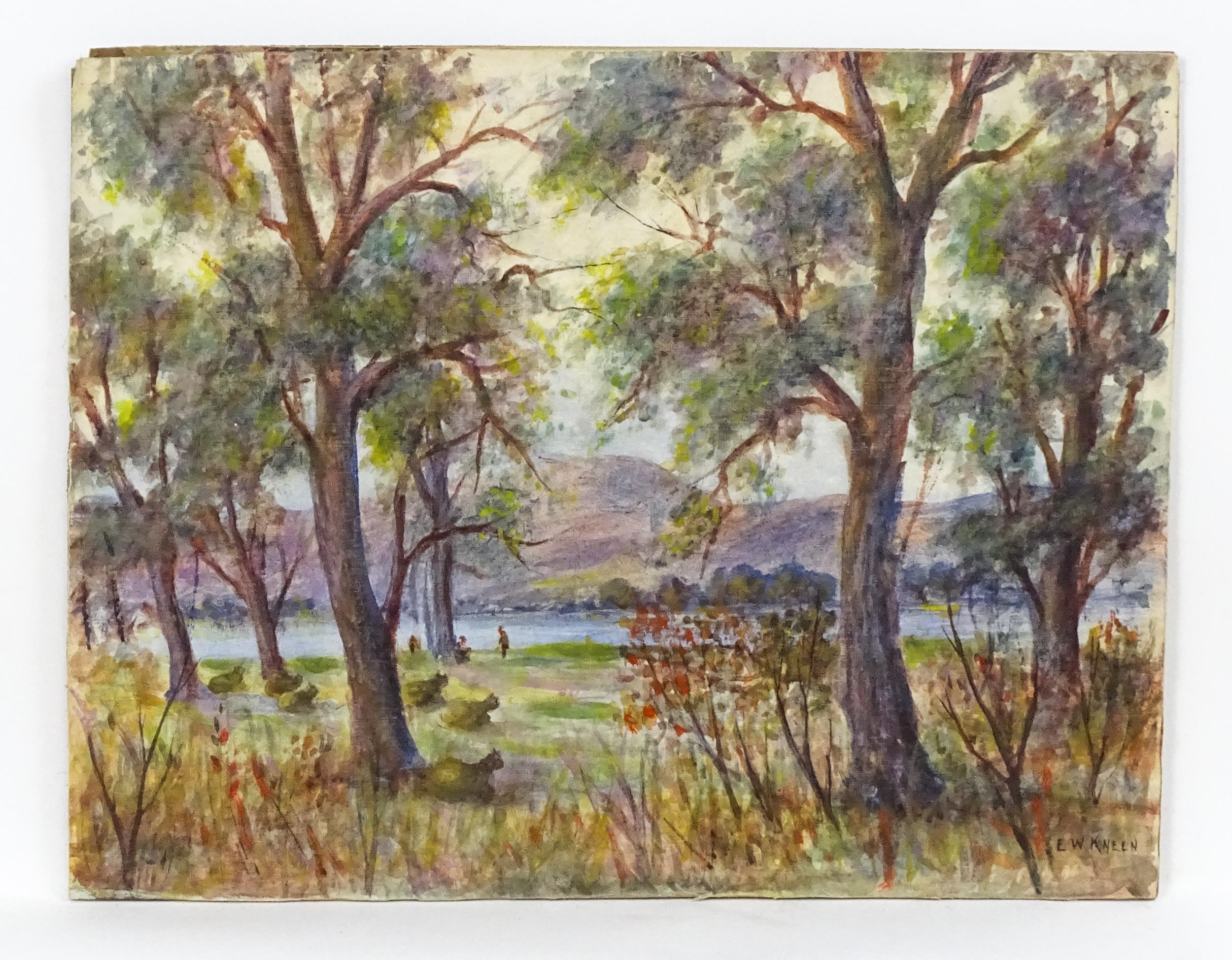 E. W. Kneen, 19th century, Watercolour, A wooded river landscape with figures by the water. Signed - Image 3 of 4