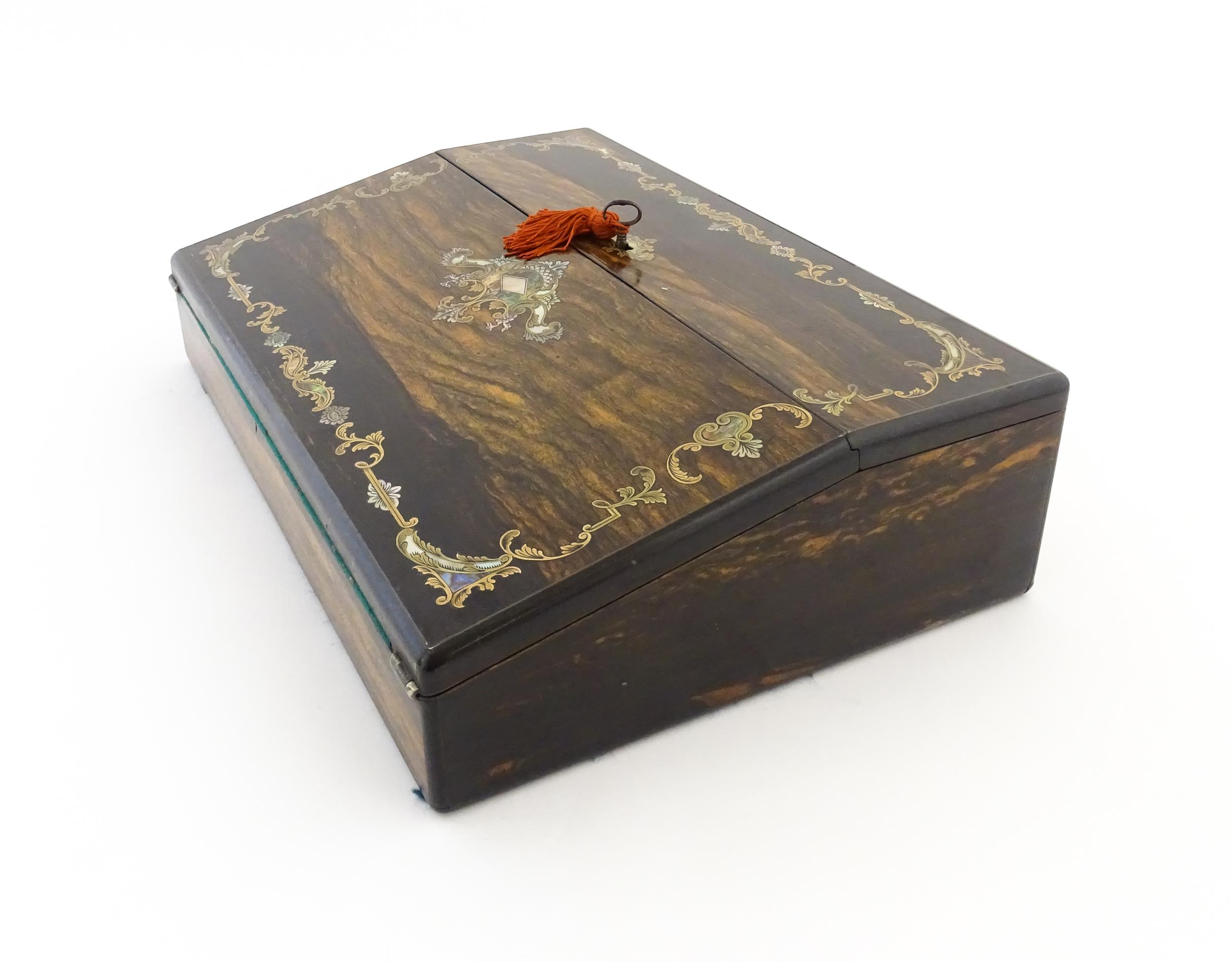 A Victorian coromandel writing box / slope with inlaid brass, mother of pearl and abalone - Image 14 of 20