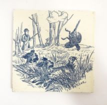 A commemorative tile of the start of shooting season decorated with a landscape scene with huntsman,
