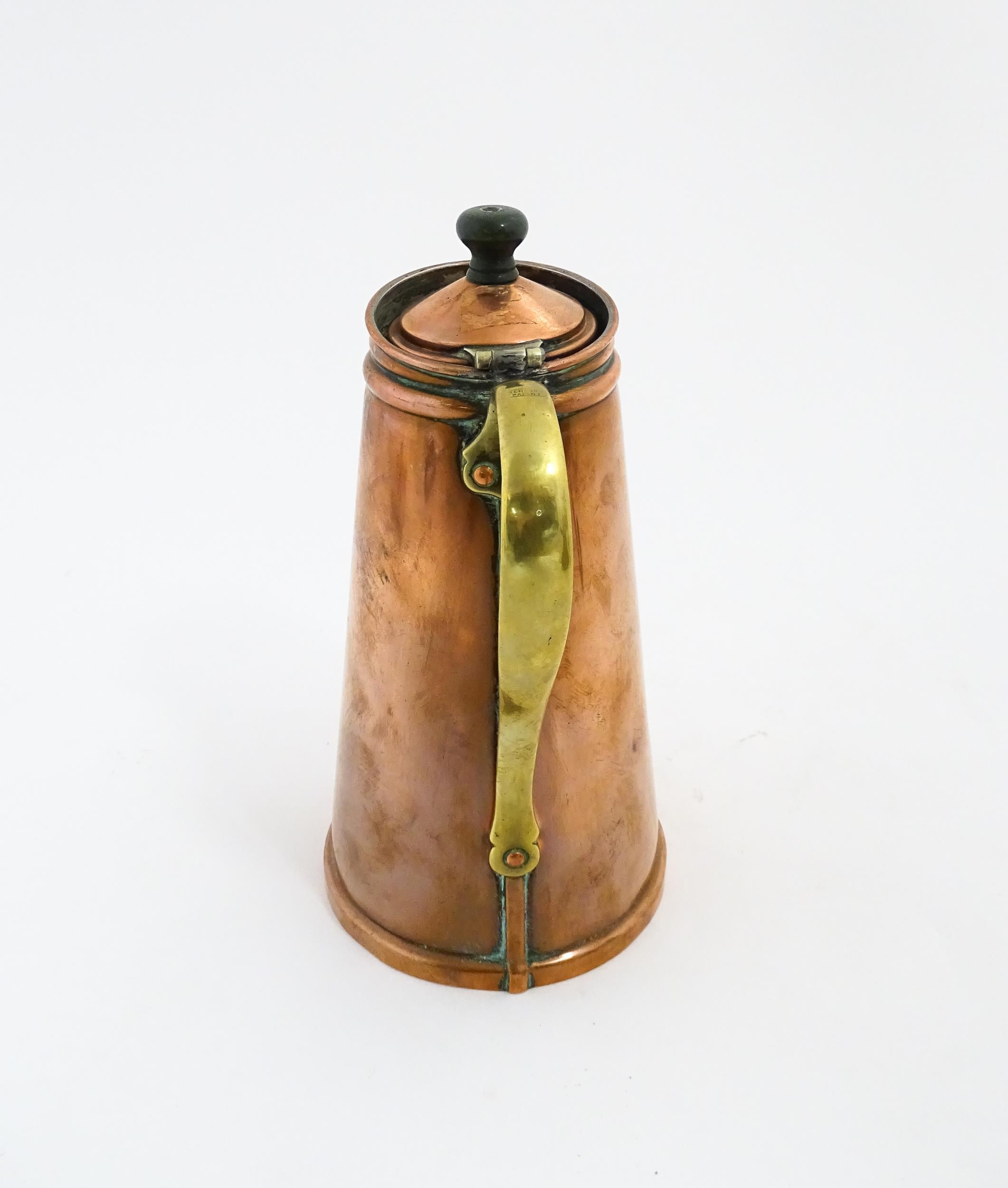 WAS Benson: An Arts & Crafts copper and brass insulated / jacketed hot water jug of tapering form. - Image 6 of 9