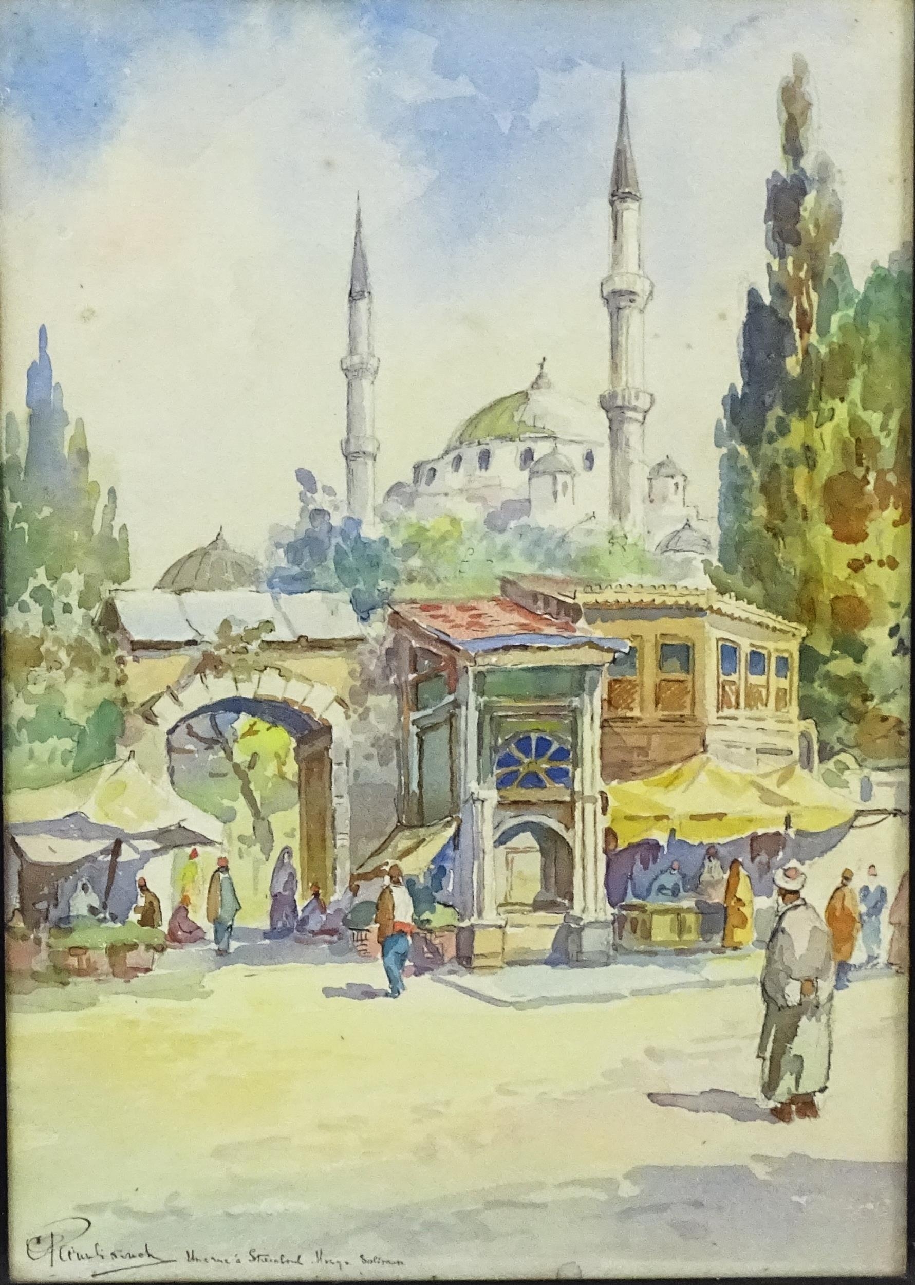 Jozef Pawlikiewicz (1864-1955), Watercolour, An Istanbul street scene with figures and a mosque - Image 3 of 4