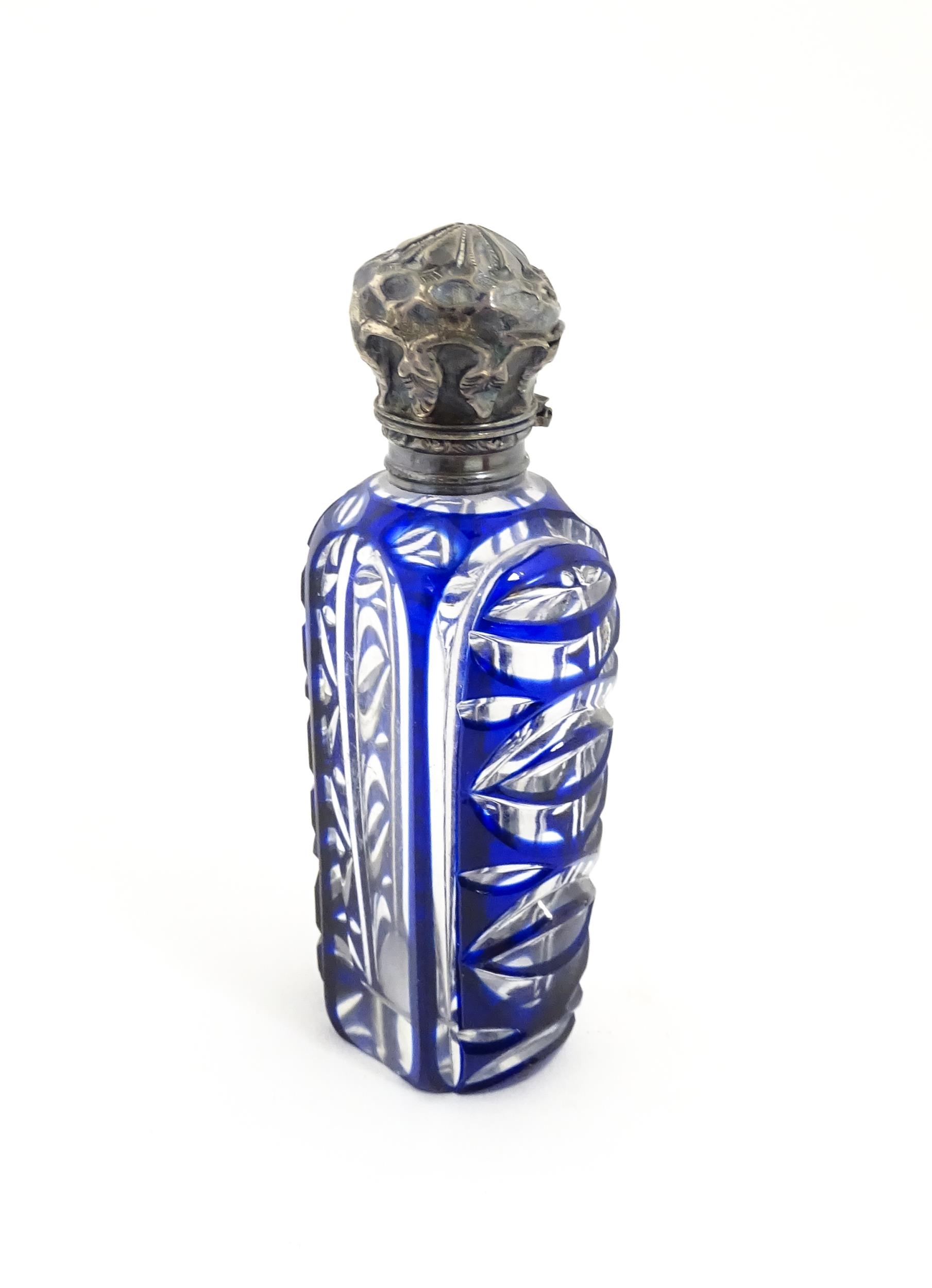 A glass scent / perfume bottle with blue flash cut decoration. Together with a Bristol blue coloured - Image 5 of 13