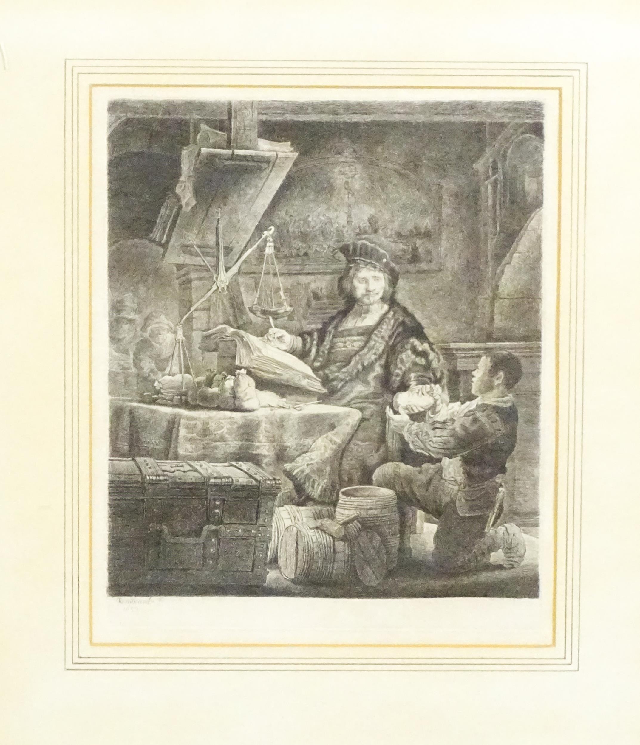 After Rembrandt van Rijn (1606- 1669), Etching, The Gold Weigher. Facsimile signature and date - Image 3 of 5