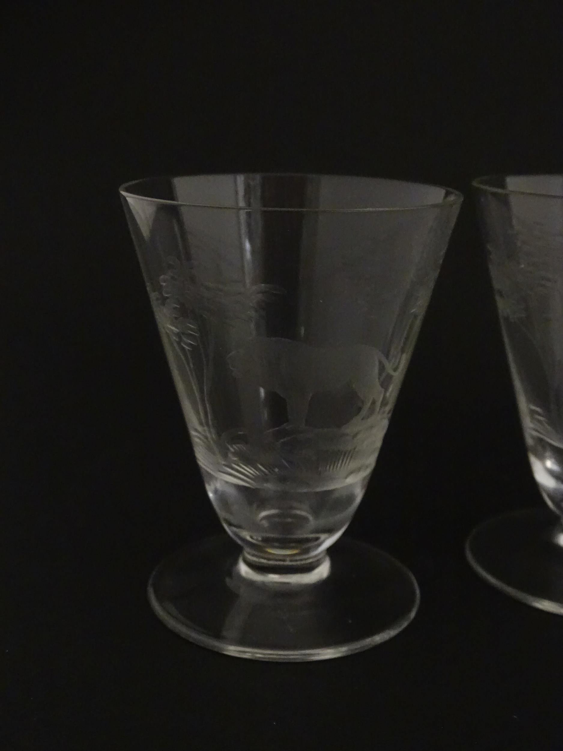 Rowland Ward sherry / liquor glasses with engraved Safari animal detail. Unsigned. Largest approx. - Image 13 of 26