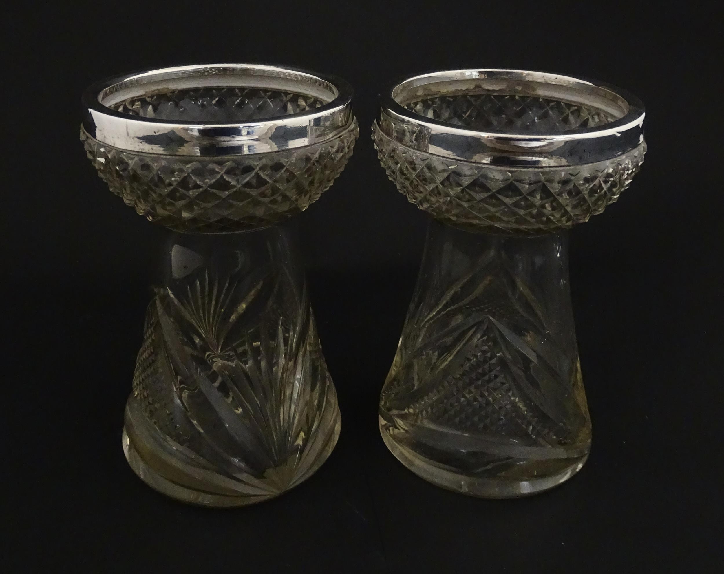 A pair of cut glass vases with silver rims in the style of hyacinth vases, hallmarked Birmingham - Image 6 of 10