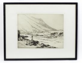 Norman Wilkinson (1878-1971), Etching, Angler in the Highlands, A Scottish river scene with a figure