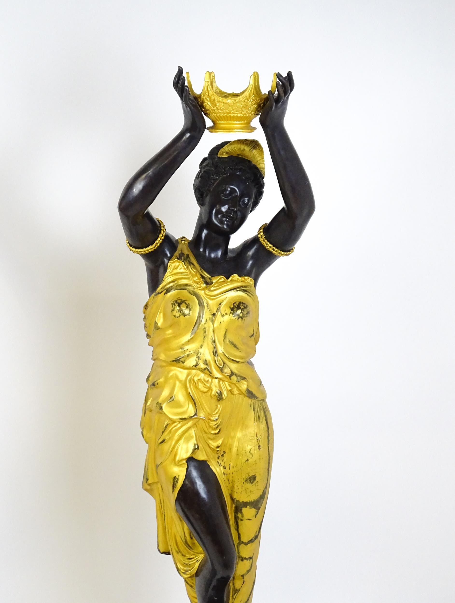 A pair of large cast bronze female blackamoor torcheres with gilt detail, raised on marble - Image 8 of 15