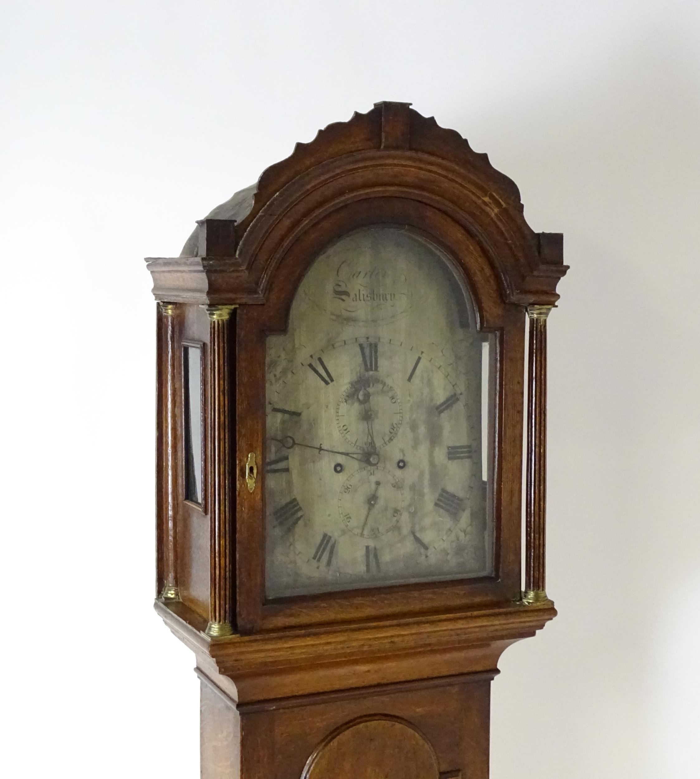 William Cater - Salisbury : A 19thC oak cased 8 day longcase clock, with brass dial, signed to the - Image 3 of 11