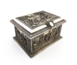 A 19thC Continental electroplate casket decorated with figures and animals in landscapes. Approx.