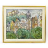 G. Hoenig, 20th century, Oil on canvas, A cityscape with building facades and tower. Signed lower