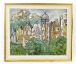 G. Hoenig, 20th century, Oil on canvas, A cityscape with building facades and tower. Signed lower