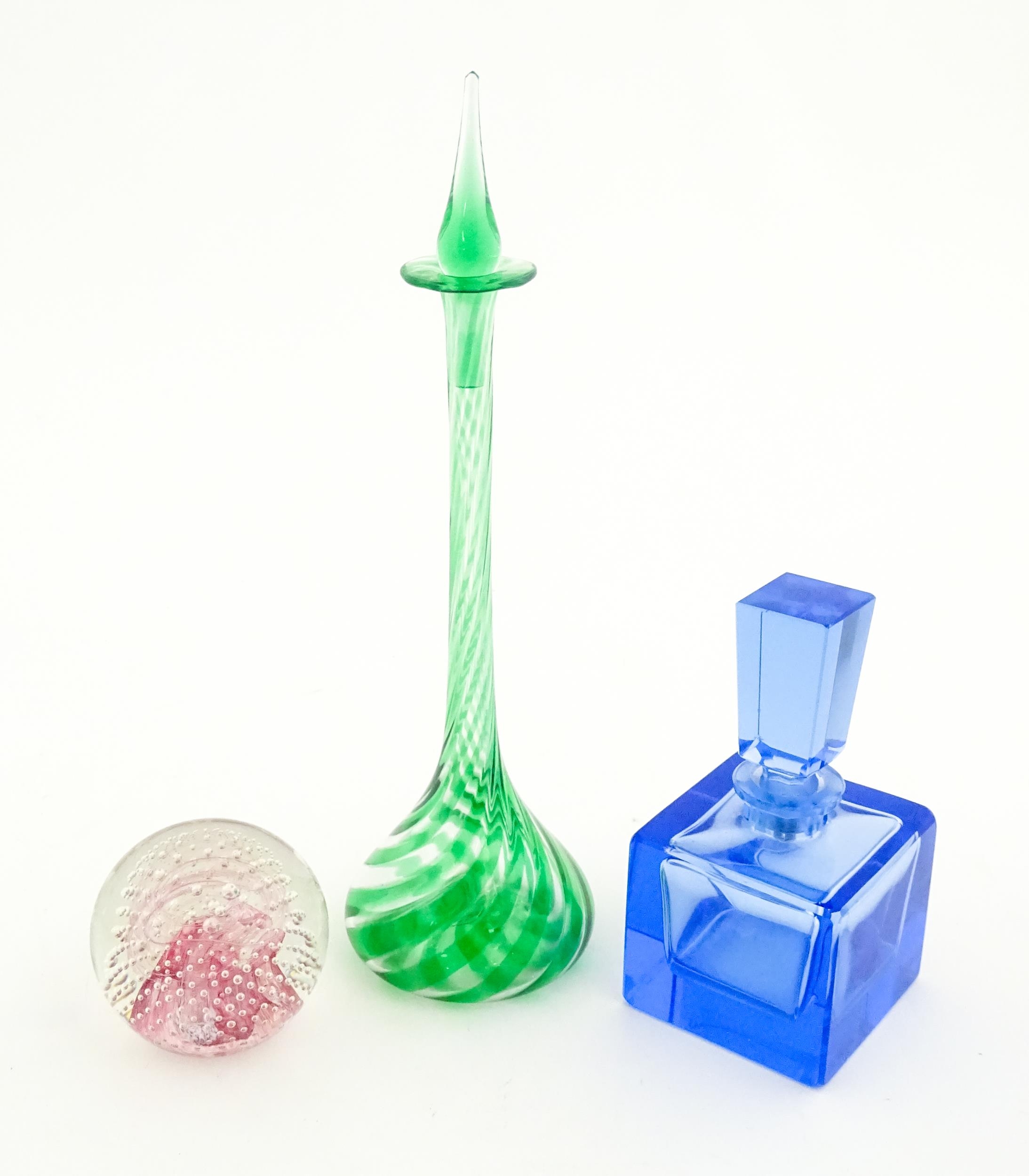 Three assorted items of art glass to include a retro blue glass perfume / scent bottle and