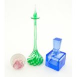 Three assorted items of art glass to include a retro blue glass perfume / scent bottle and