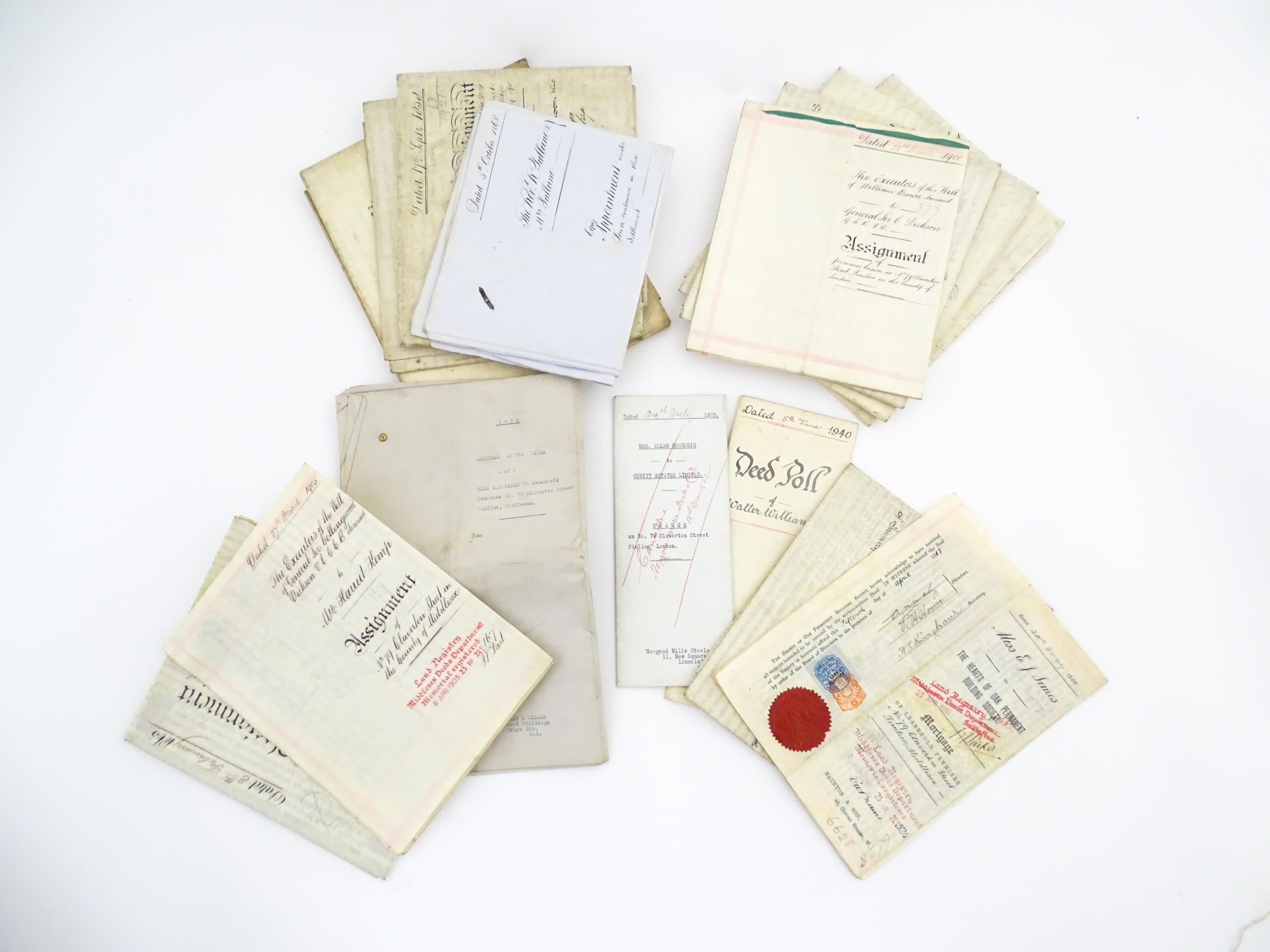 A quantity of 19thC and later deeds and indentures to include the lease of a house on the west