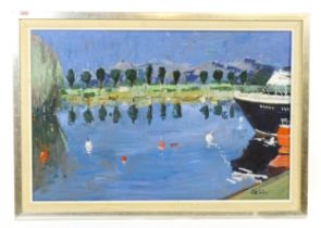 Peter Collins (1923-2001), Oil on board, An impressionistic view of a lake with a moored boat, and