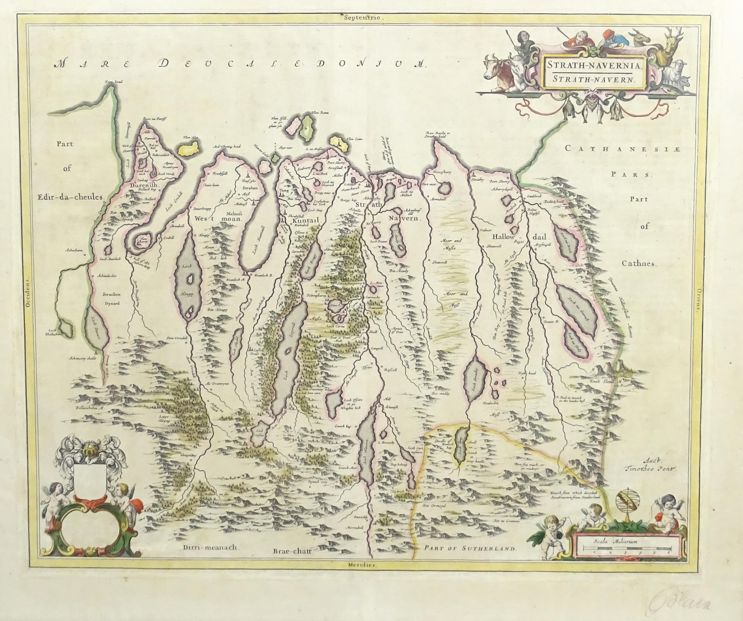 Map: A 17thC engraved and hand coloured map of Scotland titled Strath-Navernia / Strath Navern after - Image 3 of 6