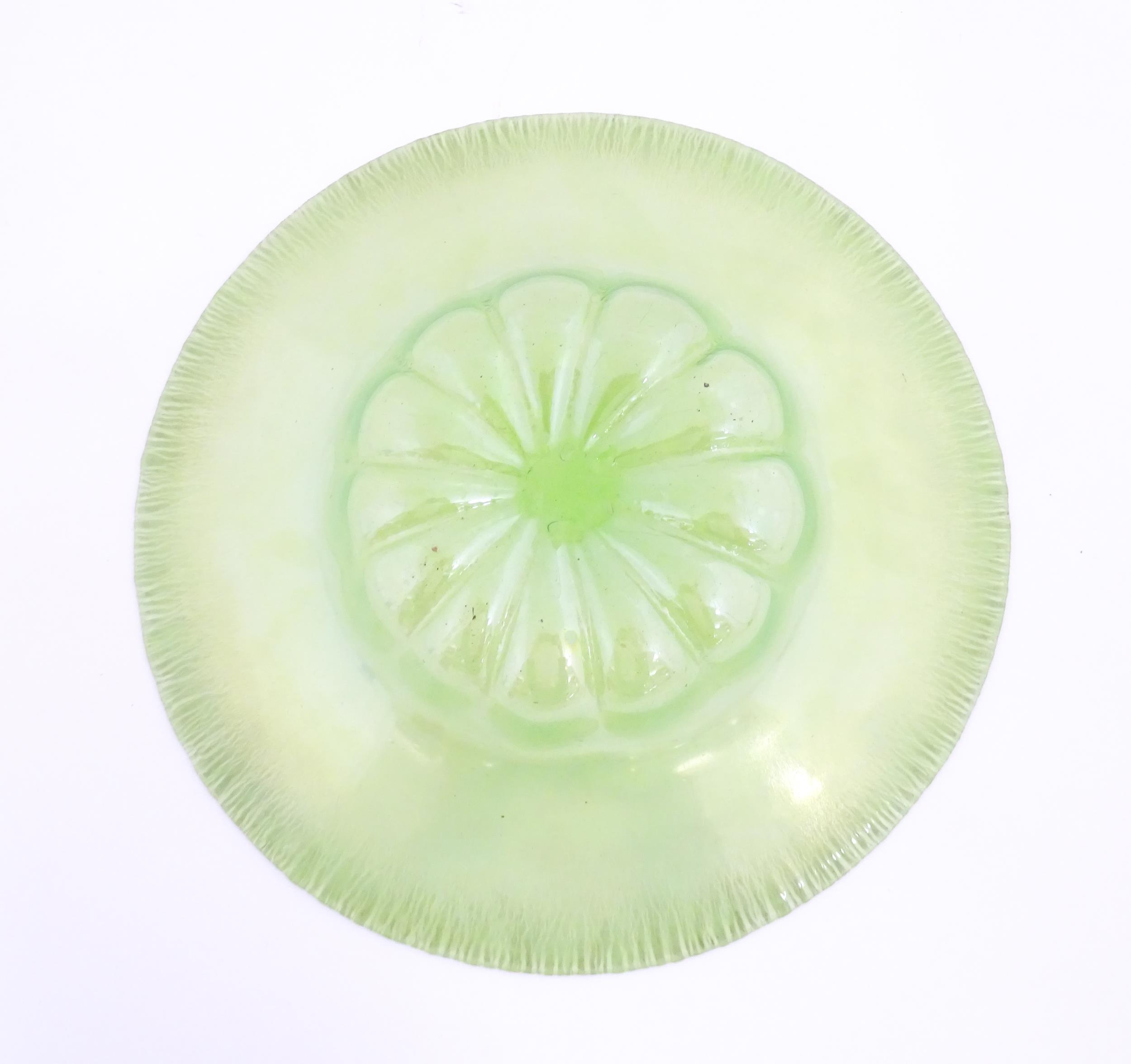 A pale green lustre glass bowl with lobed centre and textured rim. Approx. 12 1/2" diameter Please - Image 2 of 7