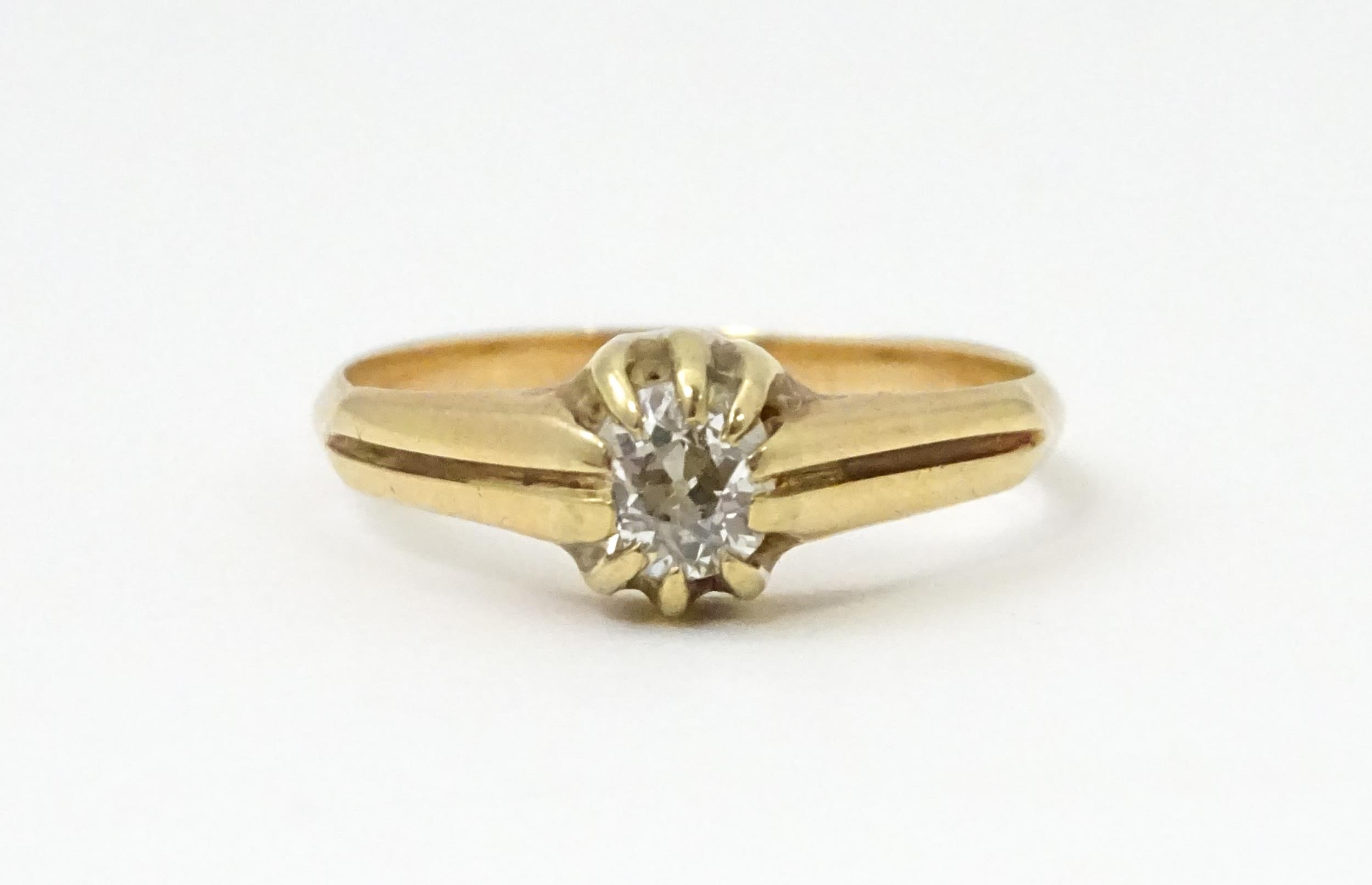 A gold ring set with diamond solitaire. Ring size approx. M Please Note - we do not make reference - Image 2 of 6