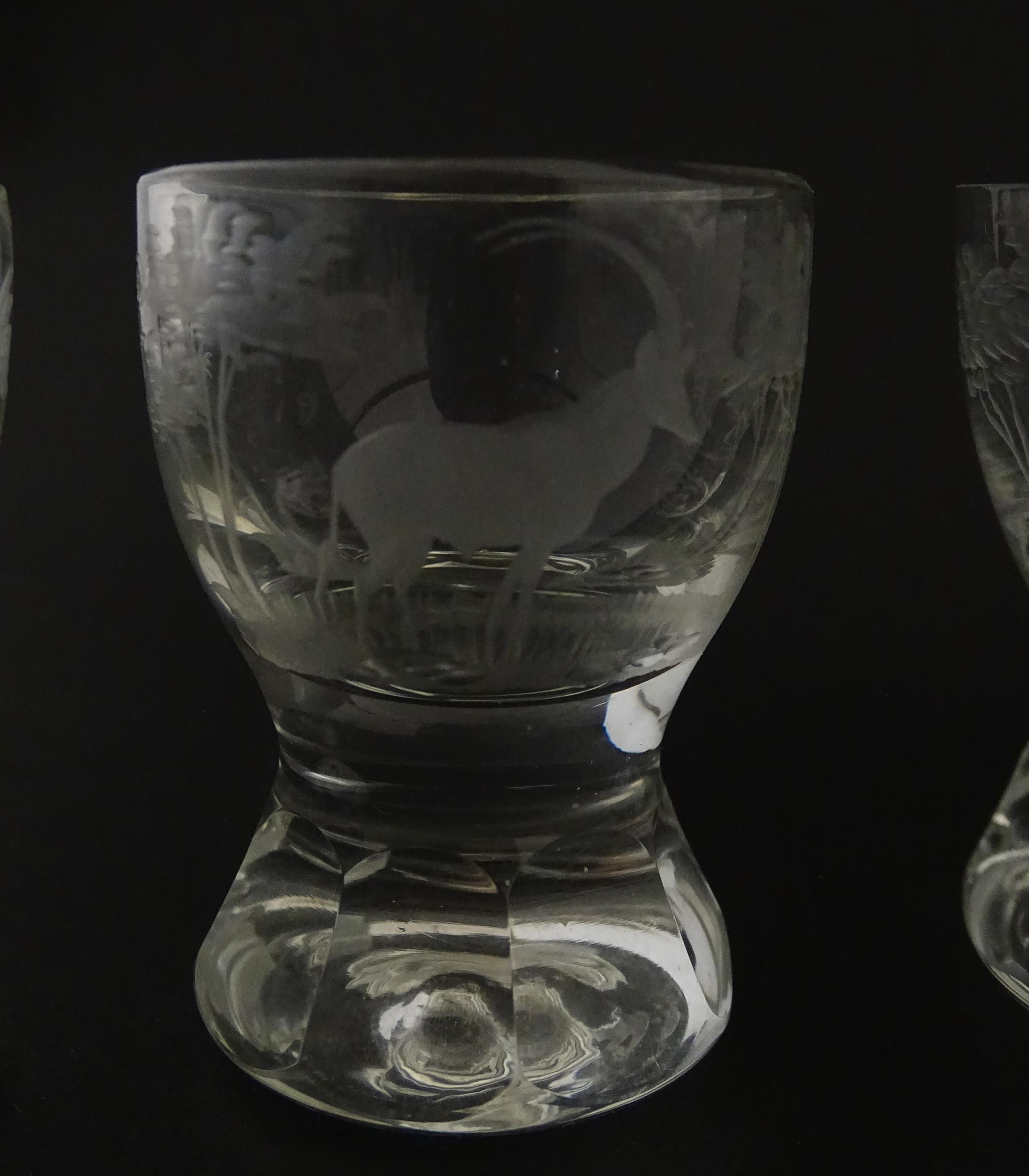Rowland Ward sherry / liquor glasses with engraved Safari animal detail. Unsigned. Largest approx. - Image 24 of 26
