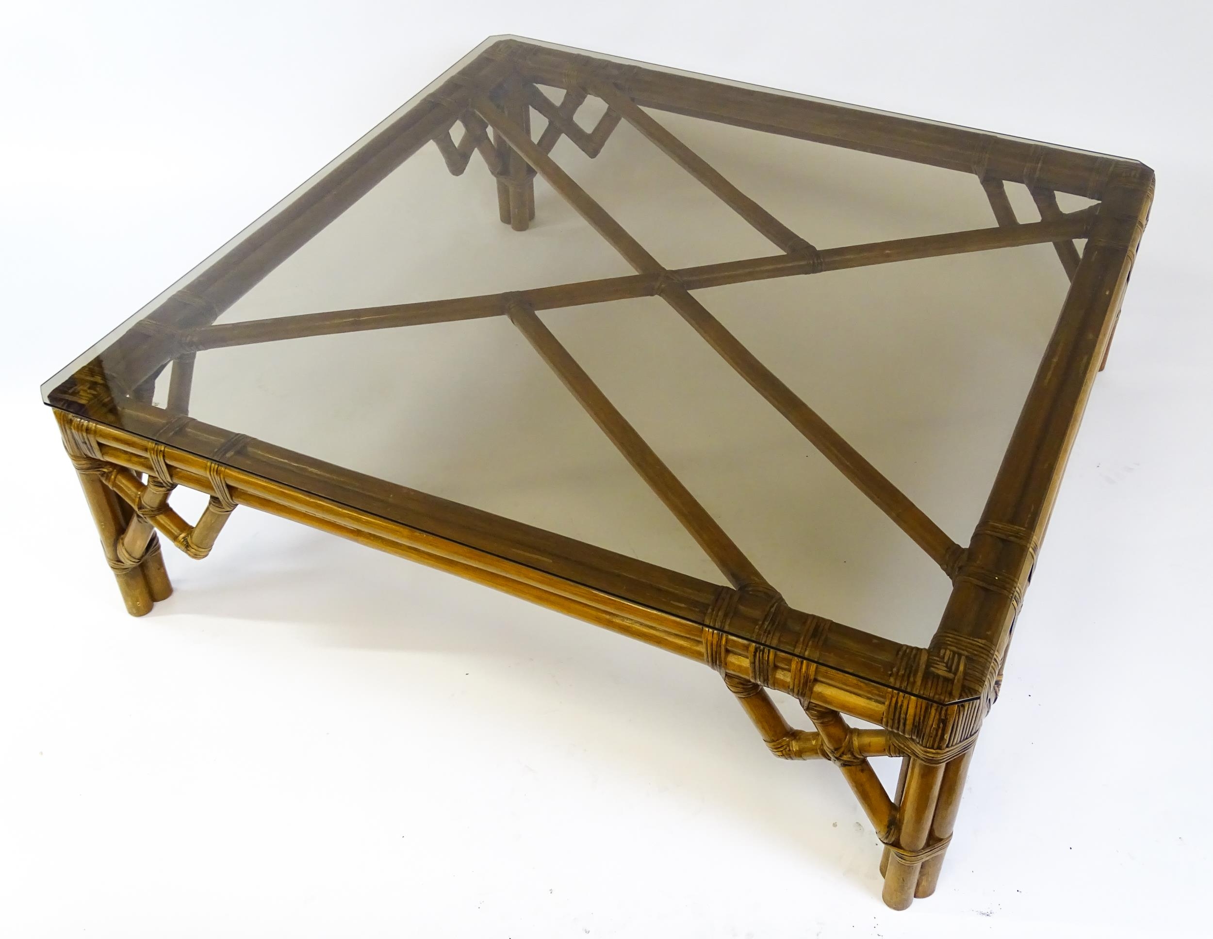 A late 20thC bamboo style glass topped coffee table. 48" wide x 48" deep x 15" high. Please Note - - Image 3 of 10