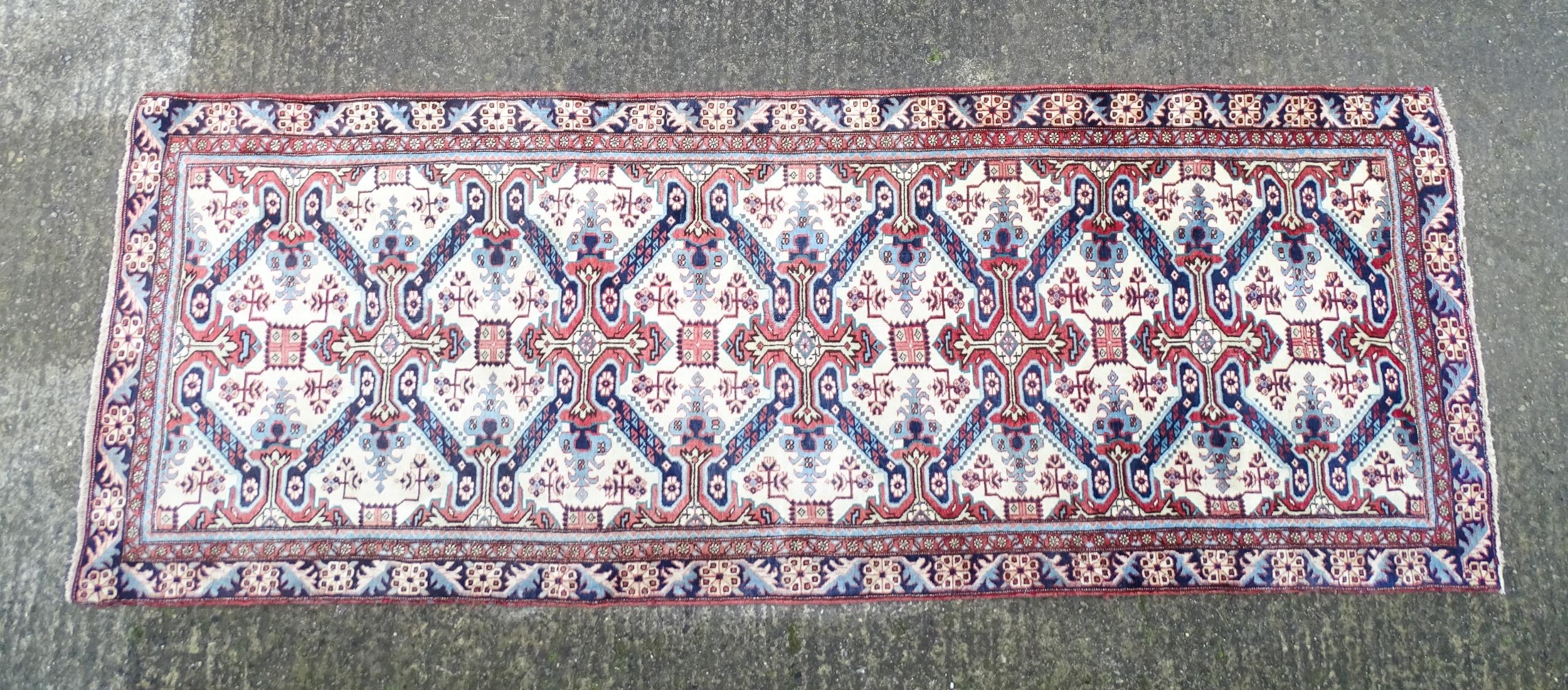 Carpet / Rug : A Persian Ardebil runner, the cream ground with floral and geometric repeating detail - Image 3 of 8