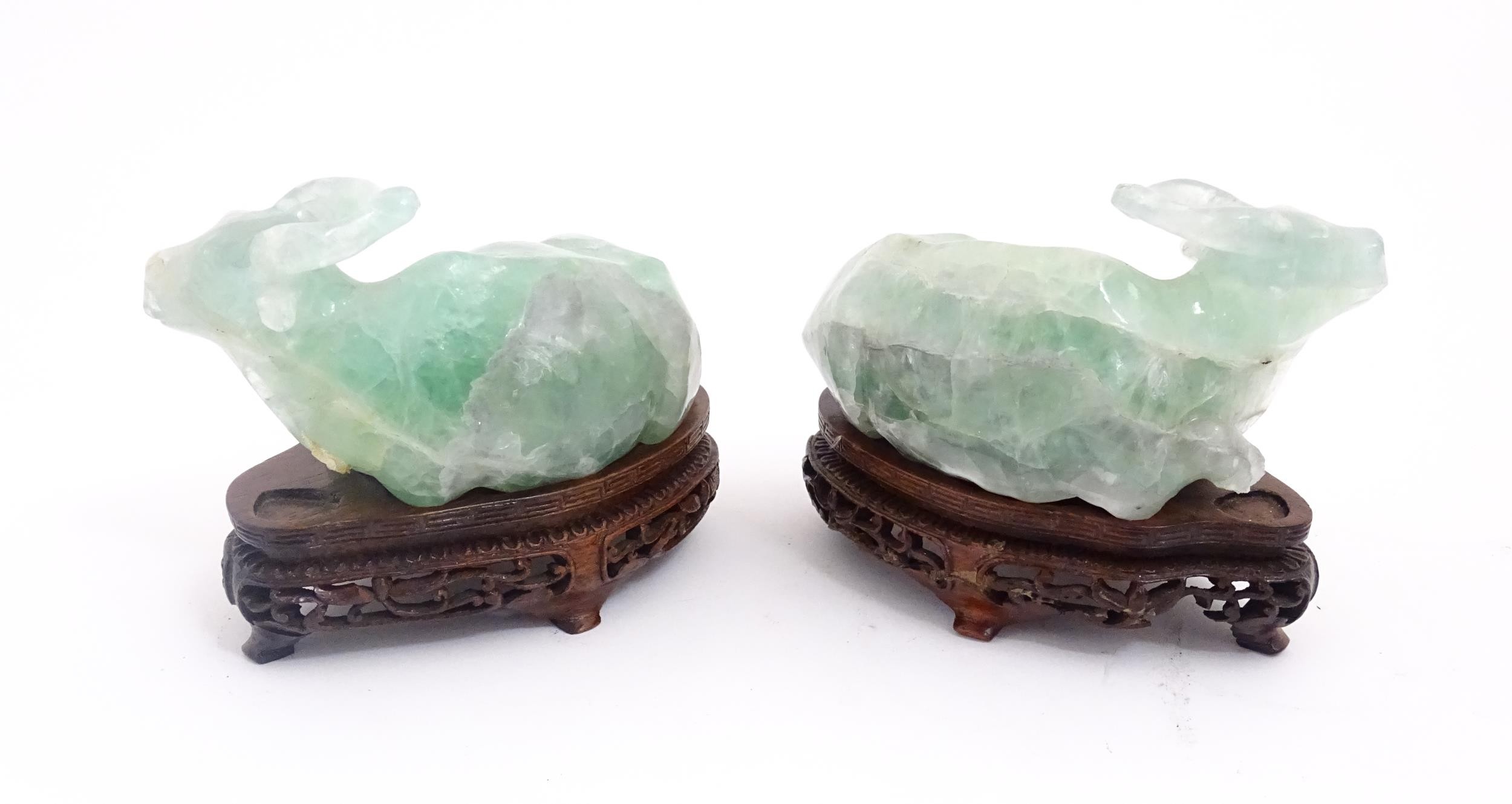 Two Chinese carved green fluorite models of recumbent buffalo, on wooden stands. Approx. 5" wide (2) - Image 6 of 7