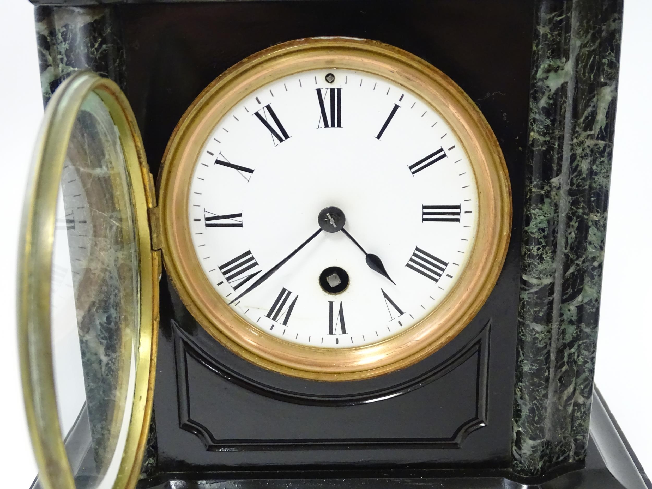 A late 19thC / early 20thC French Black Slate mantle clock / timepiece by Richard et Cie, with white - Image 2 of 8