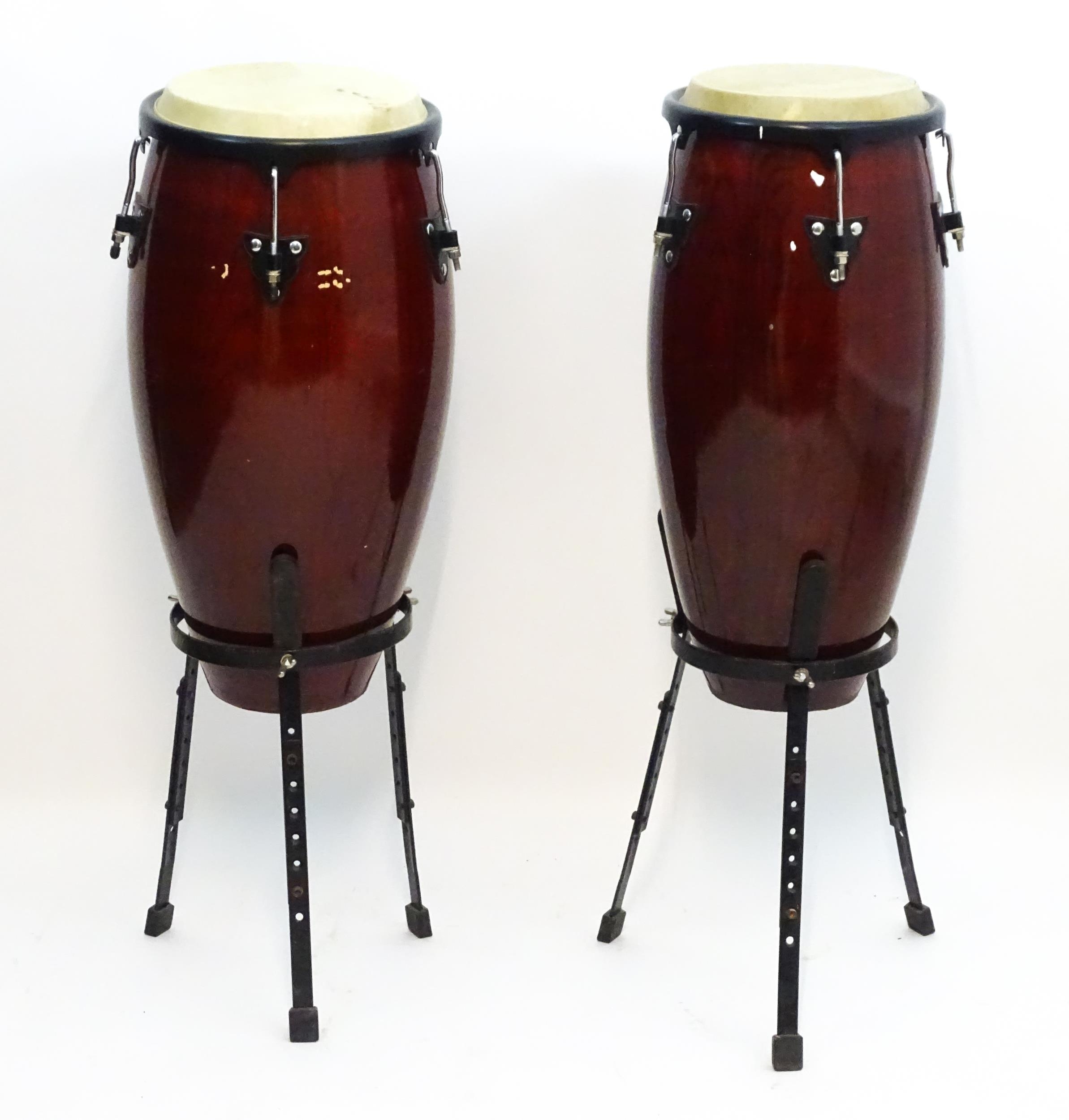 Musical Instruments : a pair of Millenium conga / tumba drums , with tripod stands and a tuning key, - Image 8 of 11