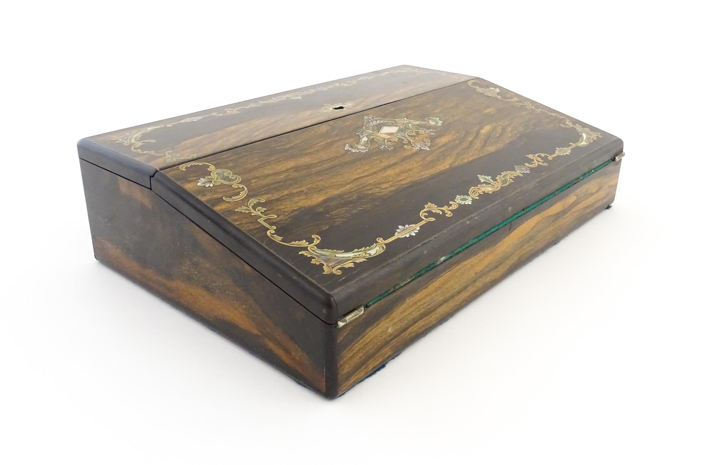 A Victorian coromandel writing box / slope with inlaid brass, mother of pearl and abalone - Image 8 of 20
