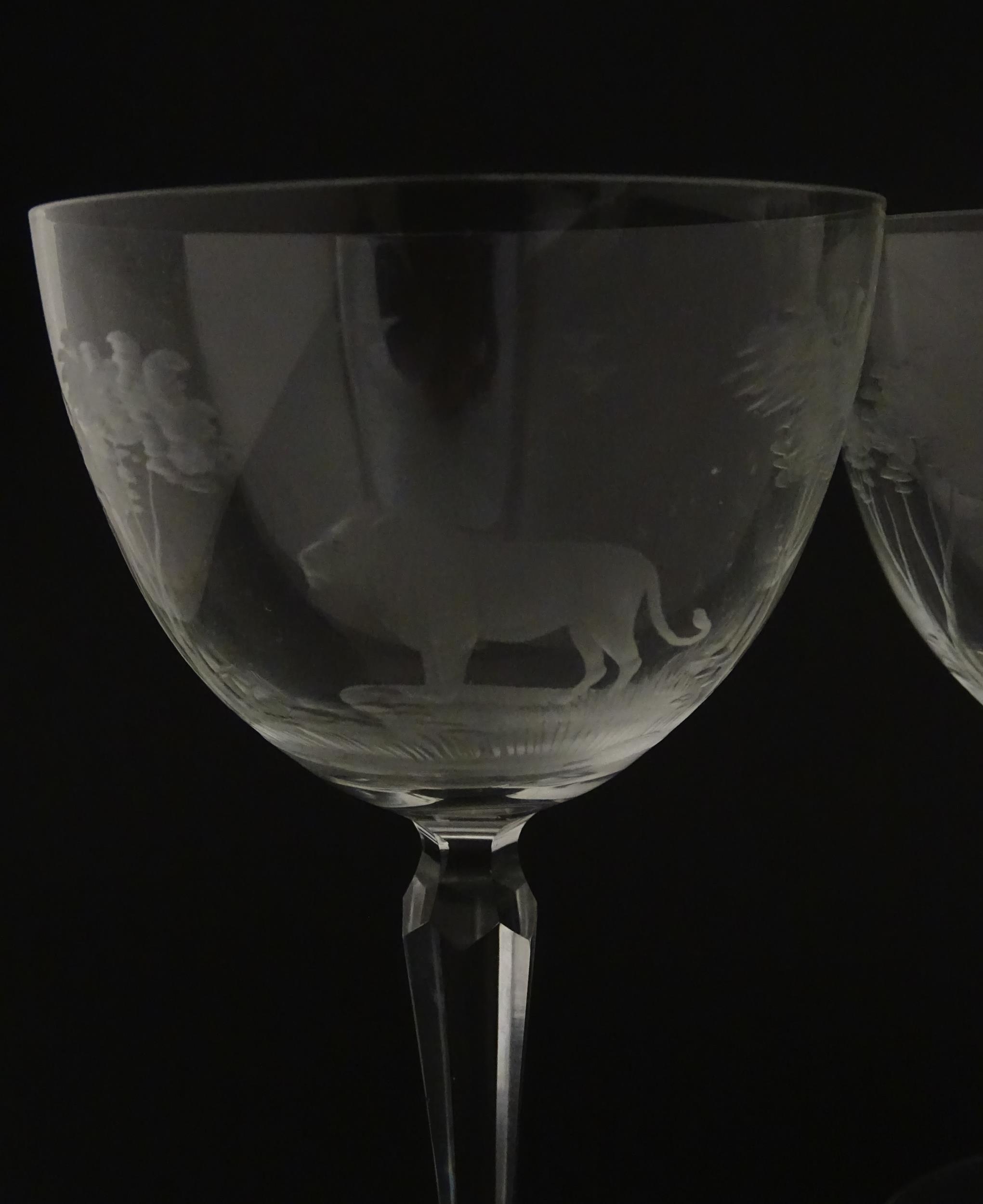 Six Rowland Ward wine glasses with engraved Safari animal detail. Unsigned. Approx. 5 1/2" high ( - Image 14 of 15