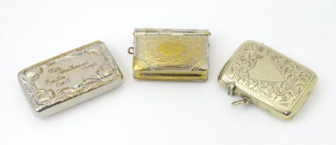 Three assorted silver plate vesta cases. The largest approx 2 1/2". (3) Please Note - we do not make