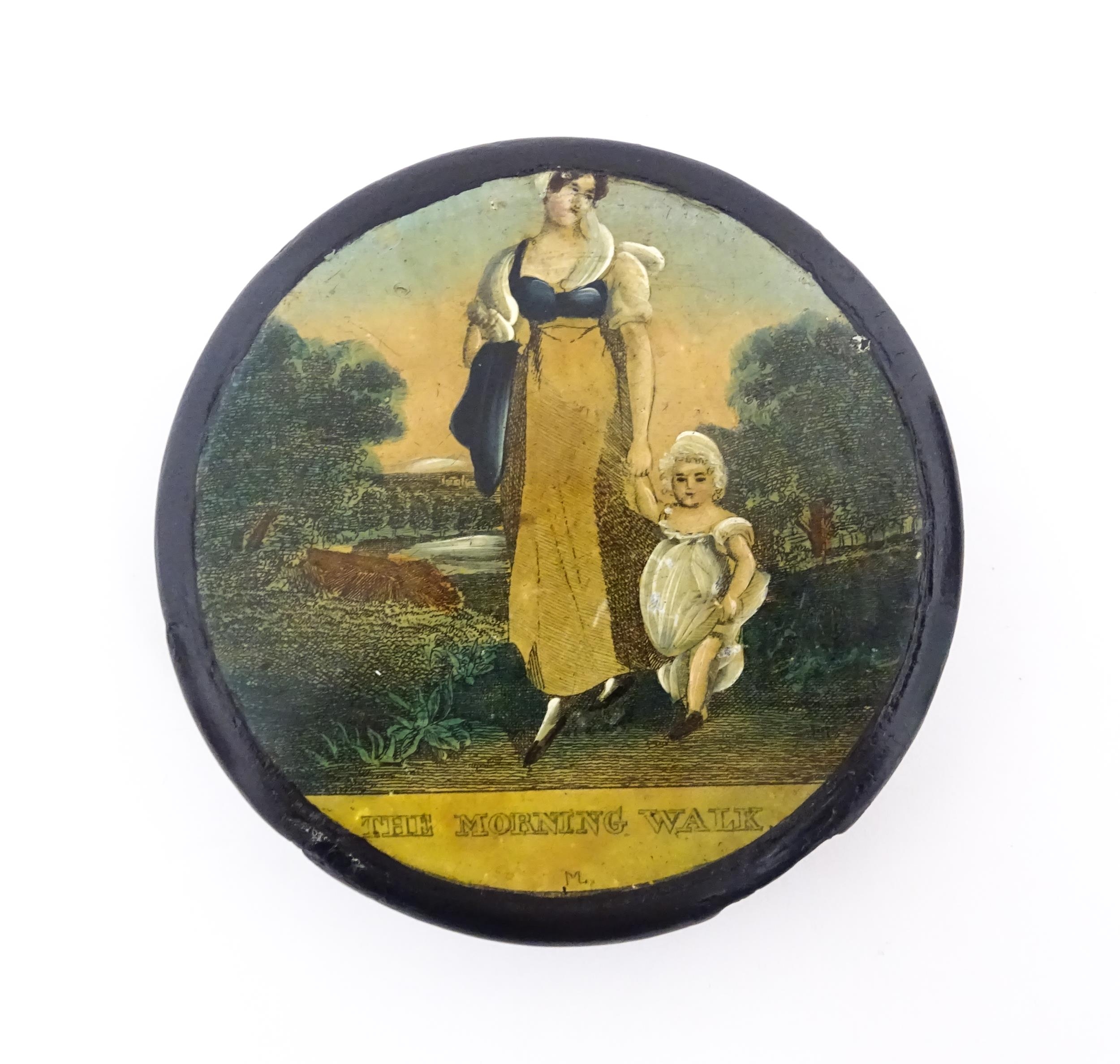 A 19thC papier mache lacquered snuff box of circular form, the lid with applied engraving titled The - Image 8 of 10