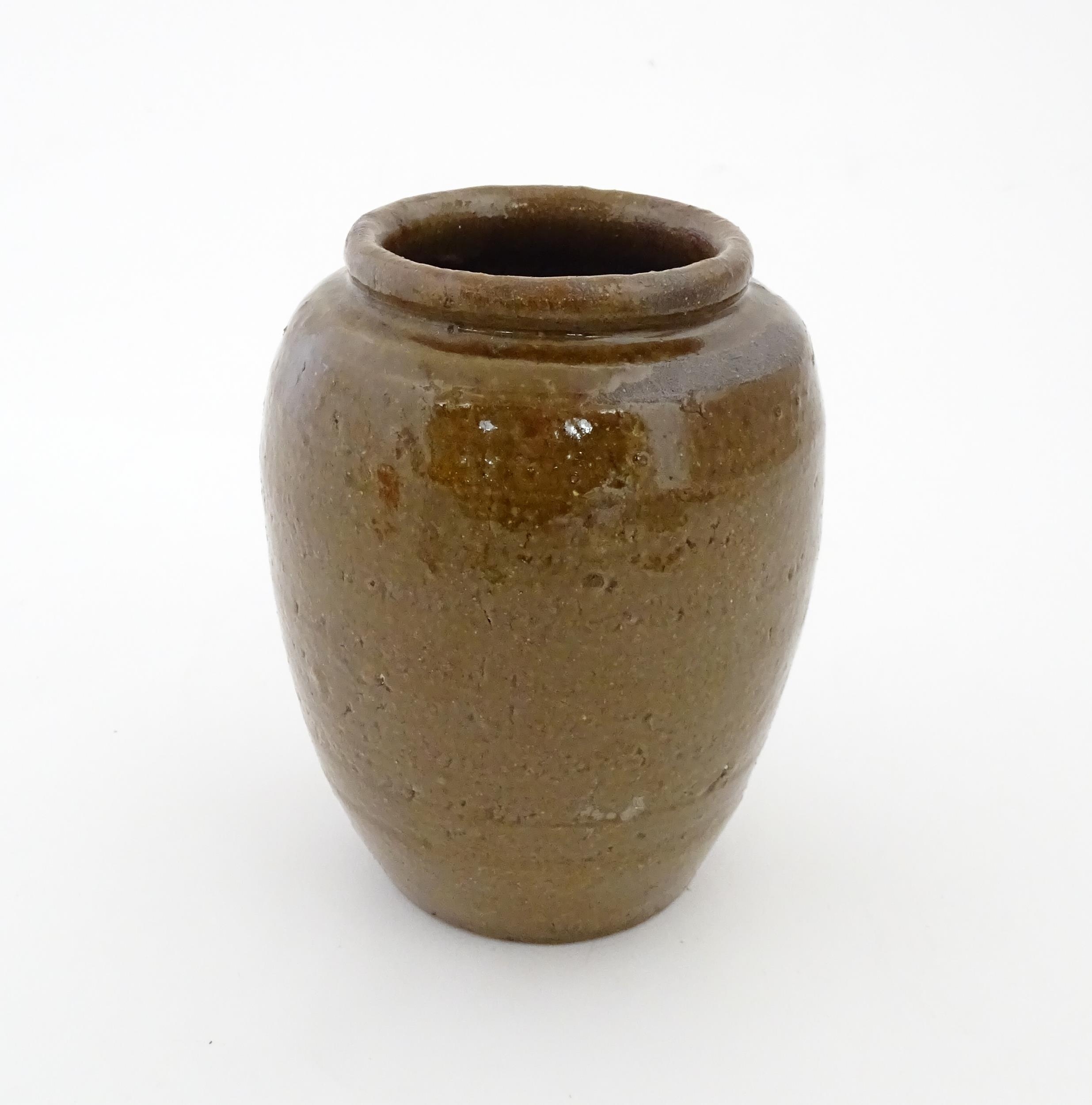 A stoneware vase / pot of tapering form with script detail. Approx. 6 1/4" high Please Note - we - Image 6 of 7