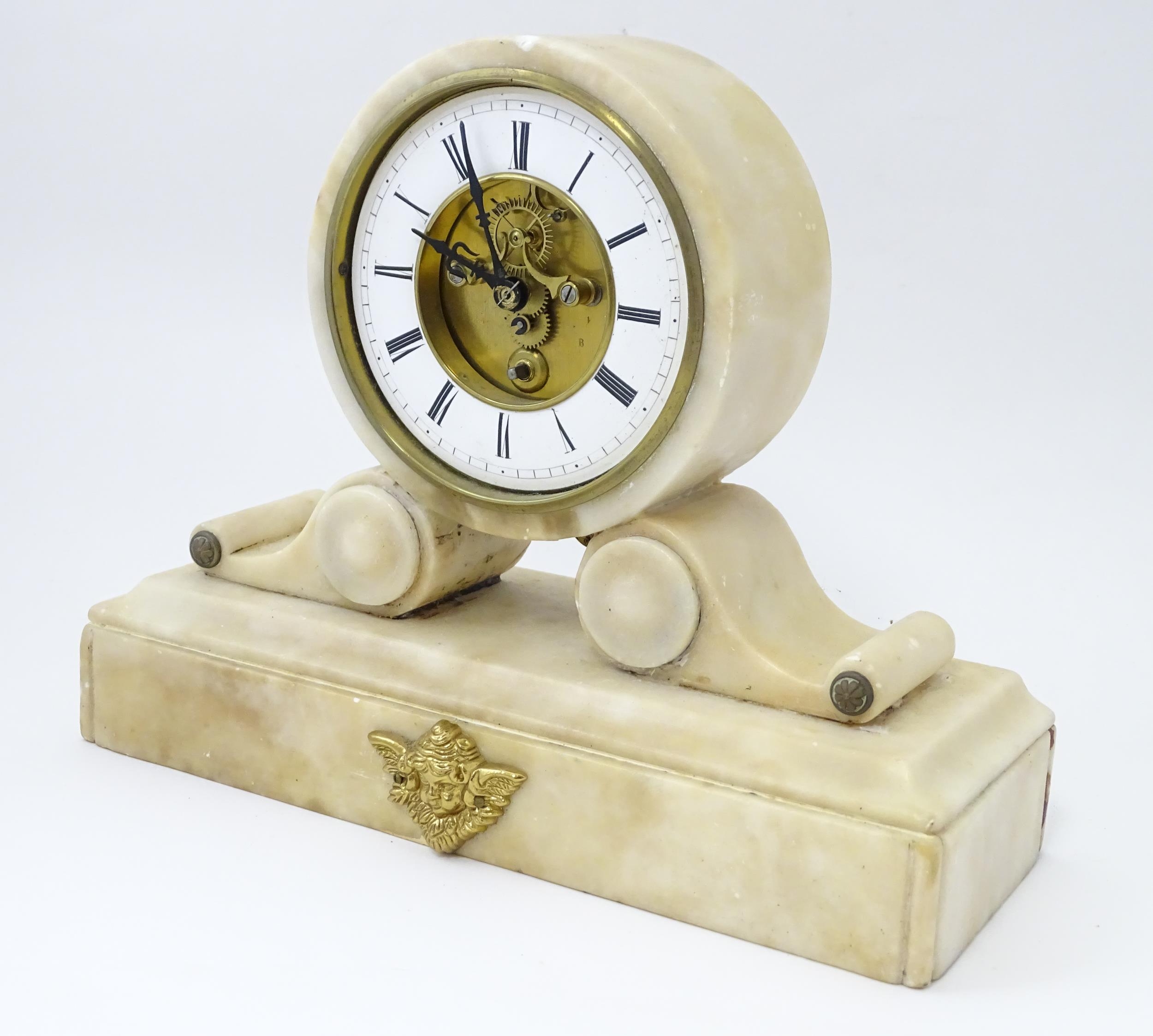 A 19thC French alabaster drum head clock by Farcot, Paris, with Roman chapter ring and visible - Image 5 of 7