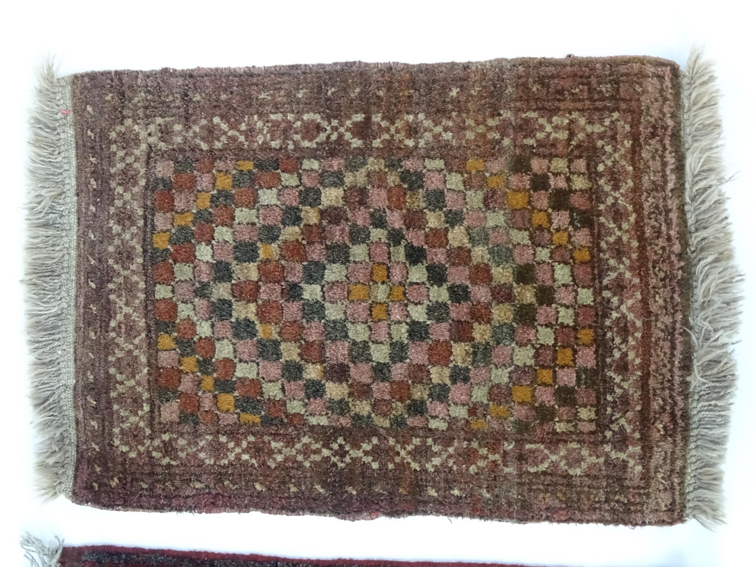 Carpets / Rugs: Two small rugs, one with burgundy ground with repeating motifs, the other with - Image 3 of 6