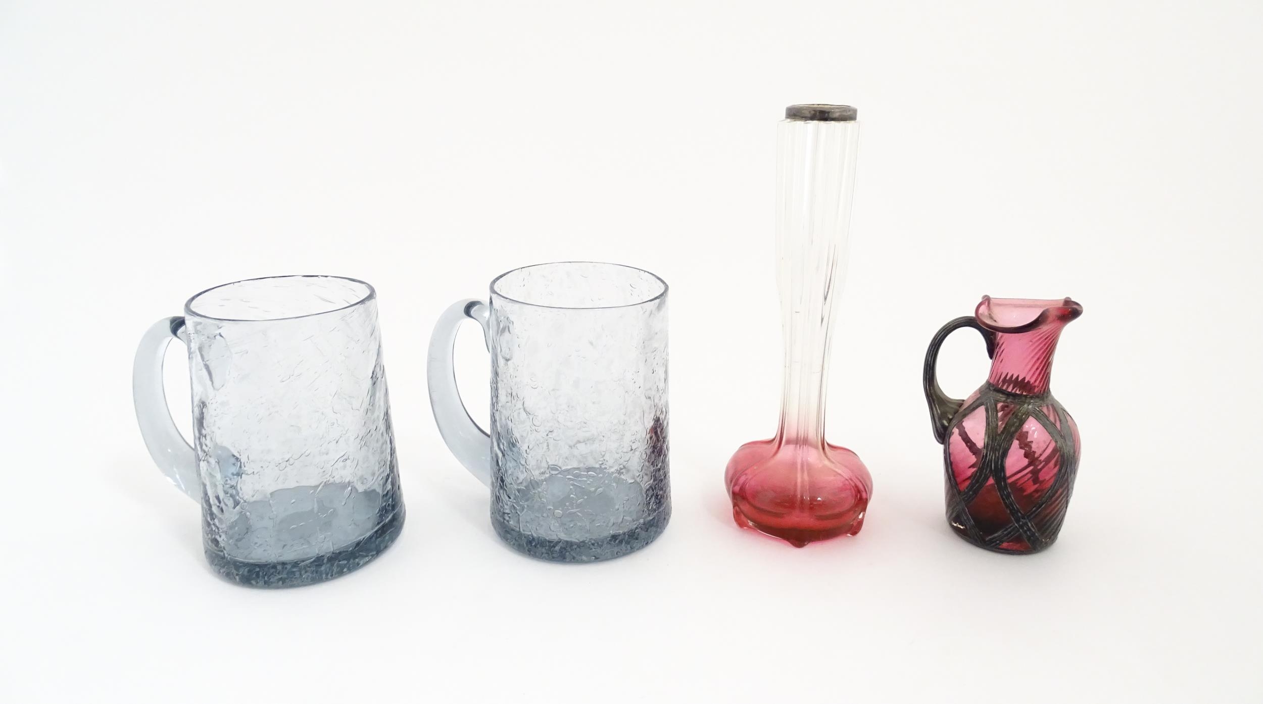 A pair of glass mugs / tankards together with an Art Nouveau cranberry to clear glass bud vase - Image 6 of 8