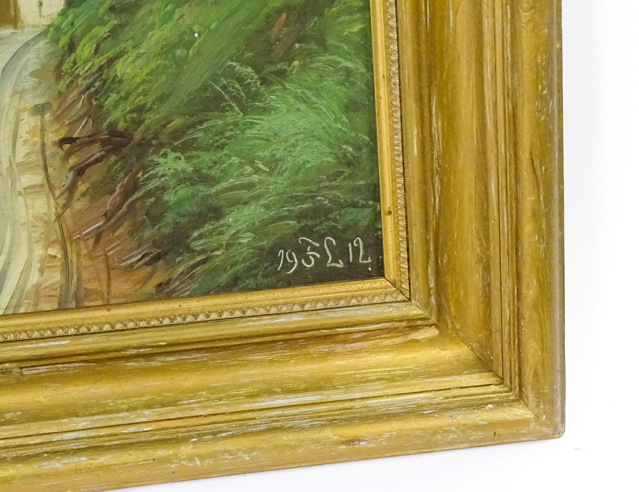 Early 20th century, Oil on canvas, A lake scene with a thatched cottage. Signed with initials FL and - Image 4 of 4