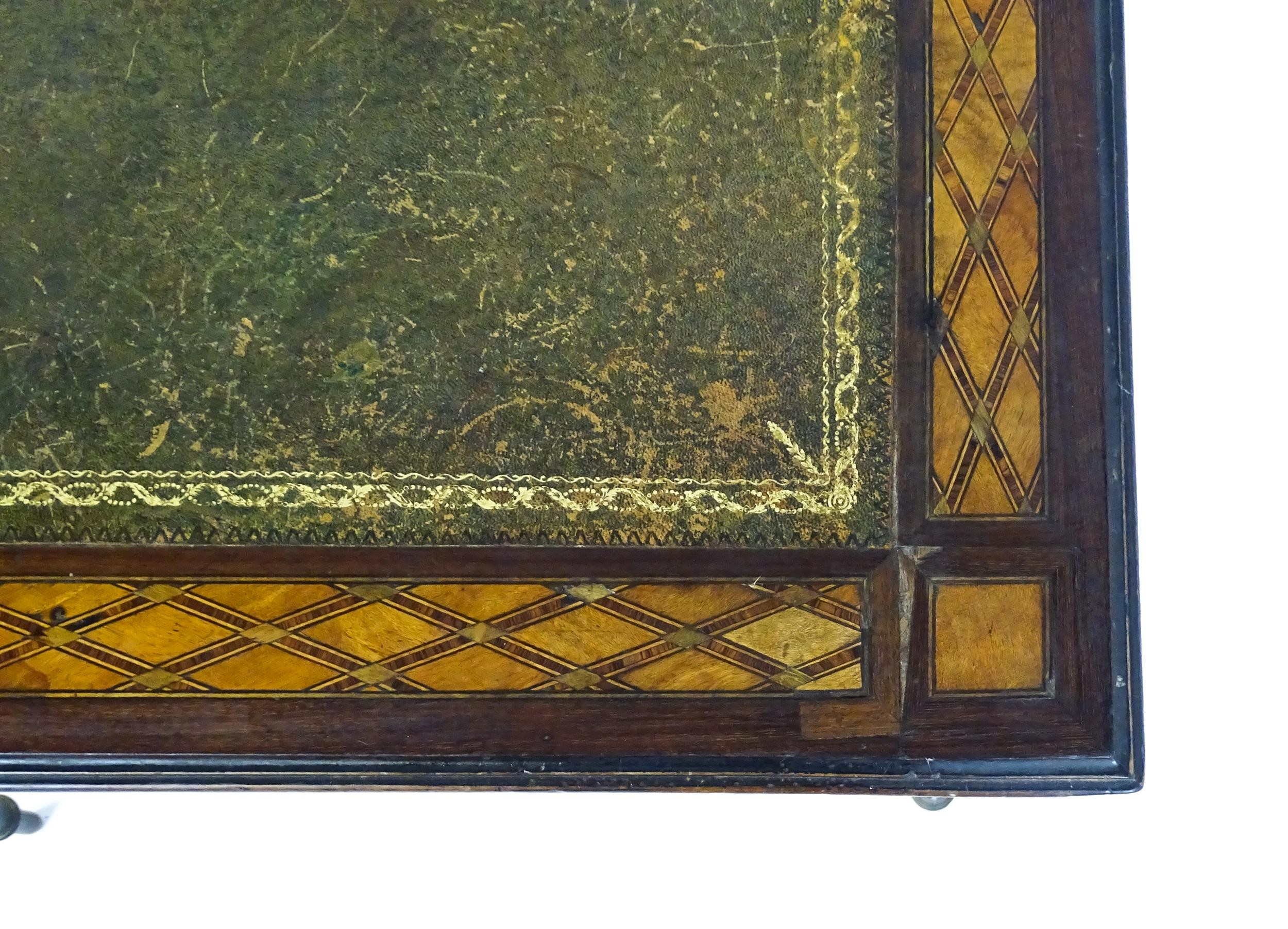 A 19thC side table with a satinwood inlaid top enclosing a gold tooled green leather top above a - Image 5 of 10