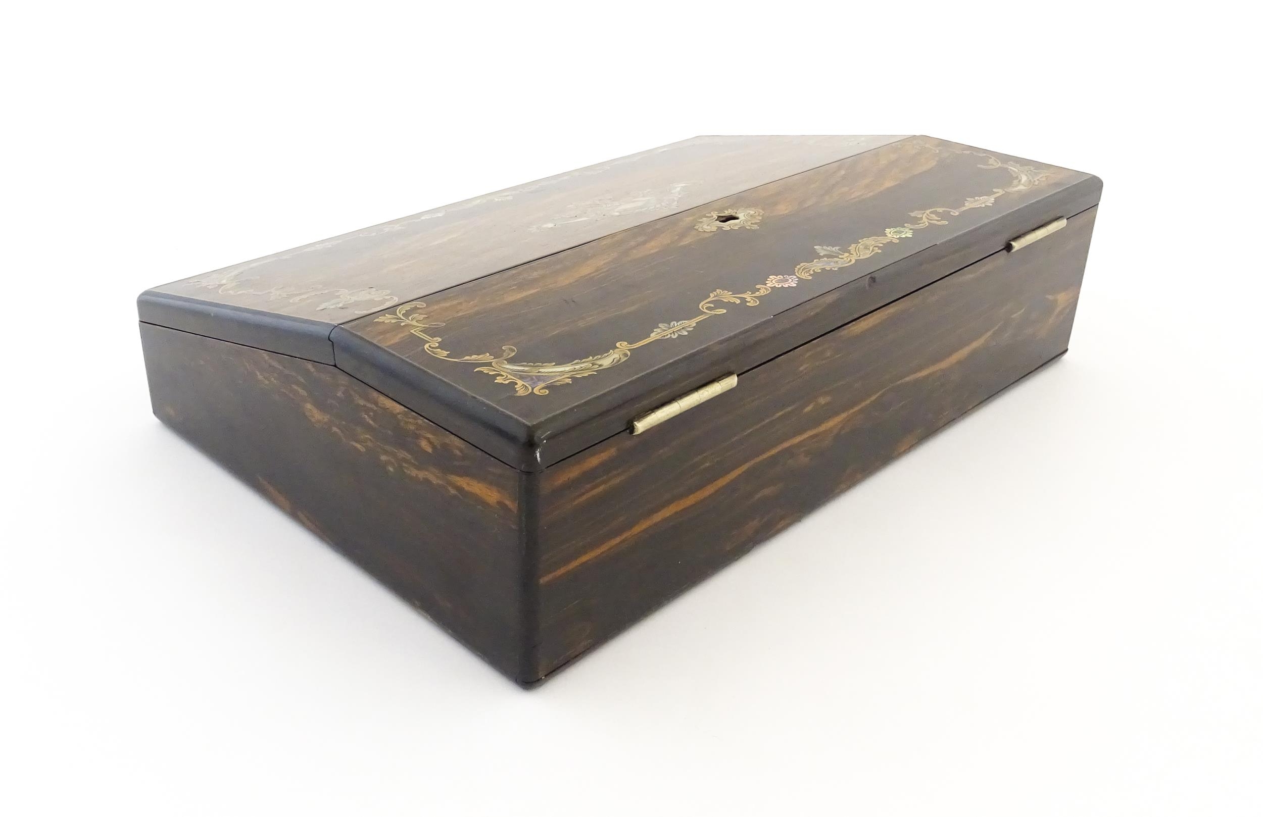 A Victorian coromandel writing box / slope with inlaid brass, mother of pearl and abalone - Image 5 of 20