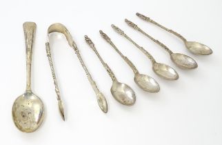 Five silver Apostle teaspoons, and sugar tongs hallmarked London 1923, maker RS & S. Together with