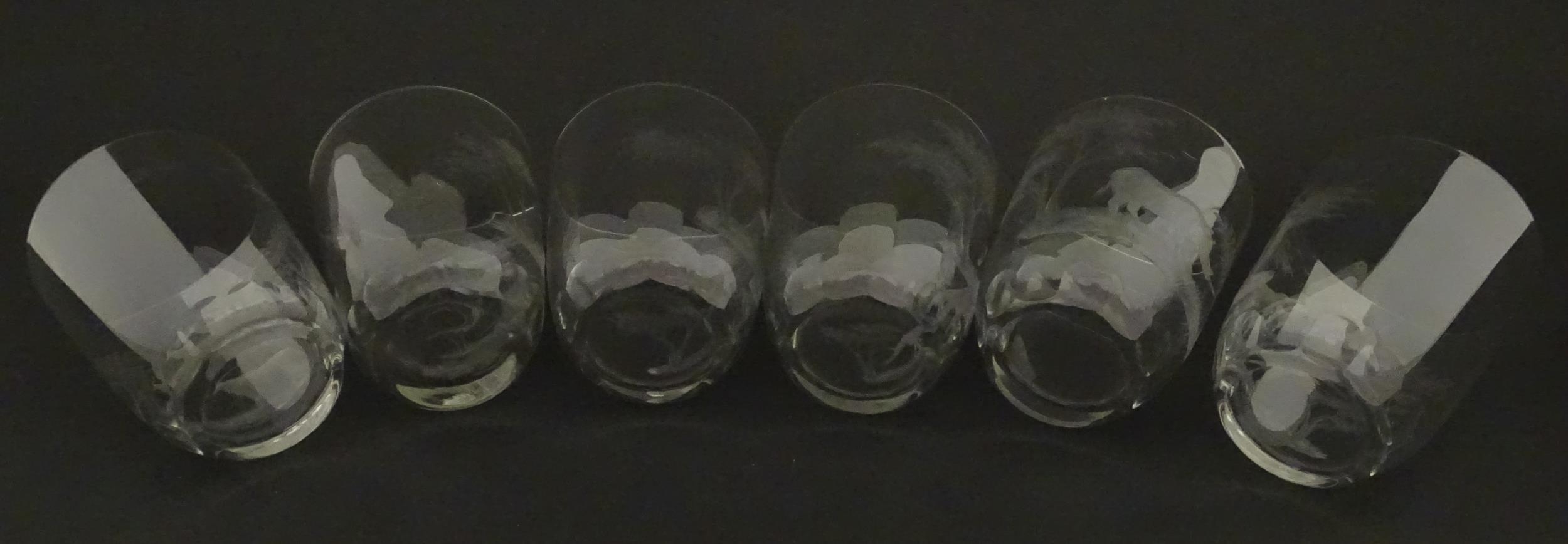 Six Rowland Ward tumbler glasses with engraved Safari animal detail. Unsigned Approx. 3 3/4" high ( - Image 12 of 13