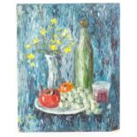 20th century, Oil on card, A still life study with flowers in a vase, fruit, wine bottle, etc.