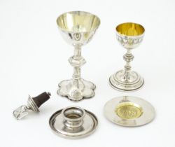 Ecclesiastical Travelling communion wares to include white metal and silver plate chalice and
