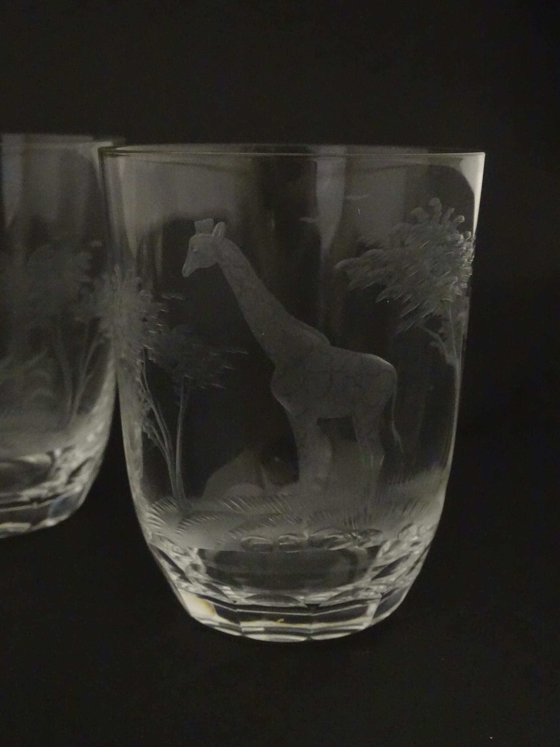 Six Rowland Ward tumbler glasses with engraved Safari animal detail. Unsigned Approx. 3 3/4" high ( - Image 3 of 13