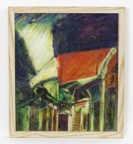 E. Morgan, 20th century, Oil on board, An abstract street scene. Signed lower right. Approx. 15" x