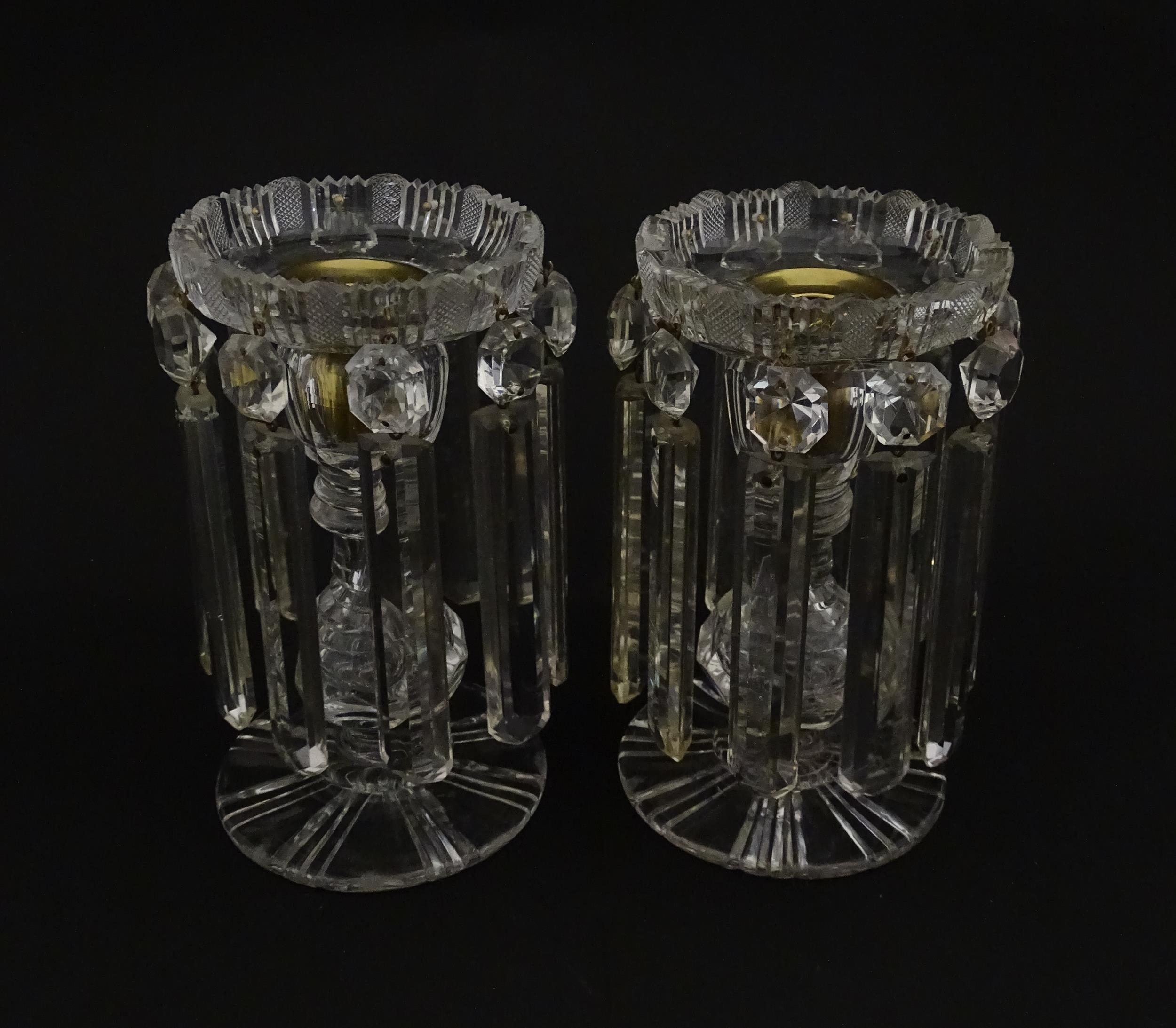 A pair of 20thC cut glass table lustres / candle stands. Approx. 7" high (2) Please Note - we do not - Image 4 of 8