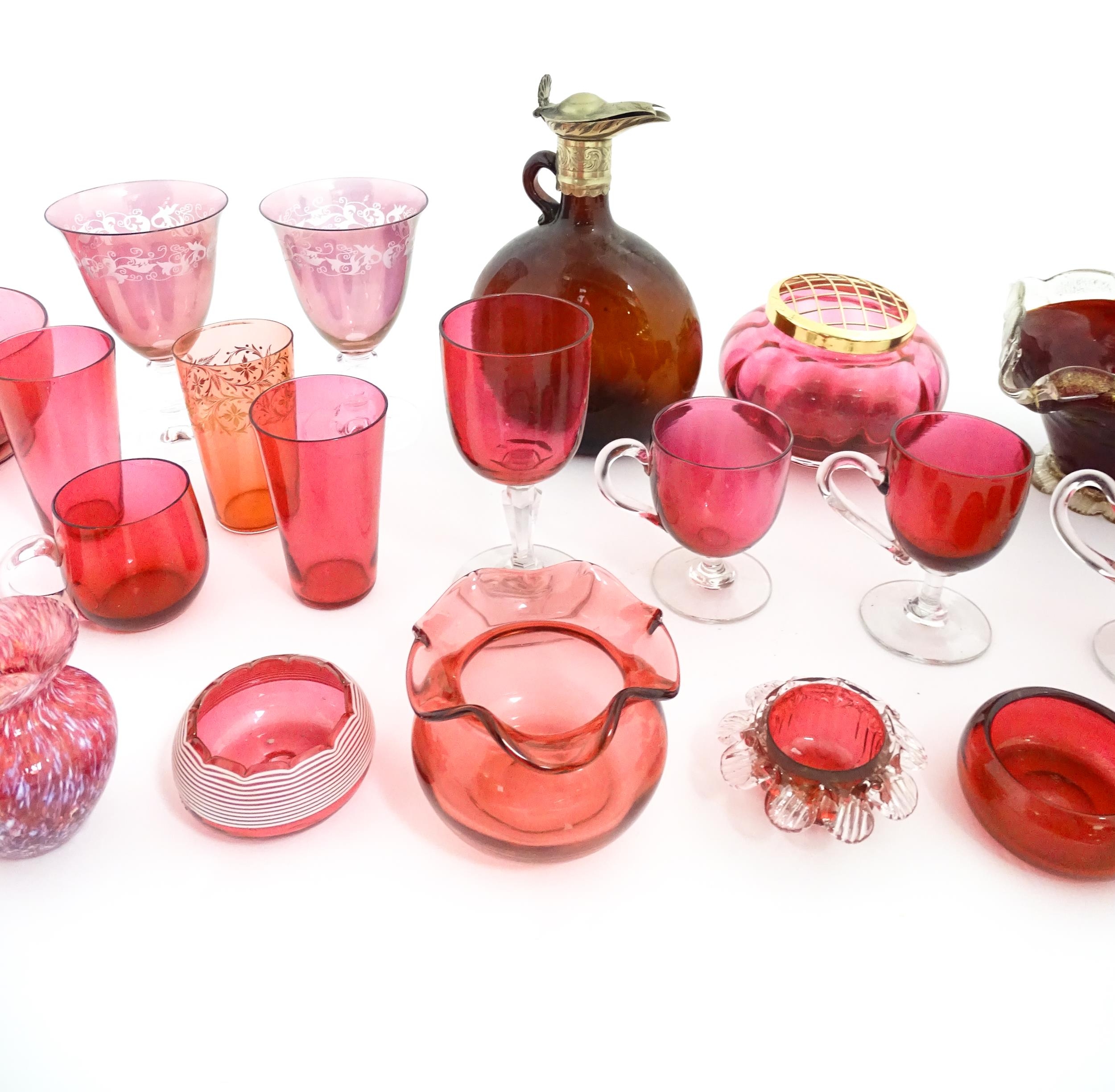 A quantity of Victorian and later assorted glassware to include cranberry glass beakers, drinking - Image 7 of 14